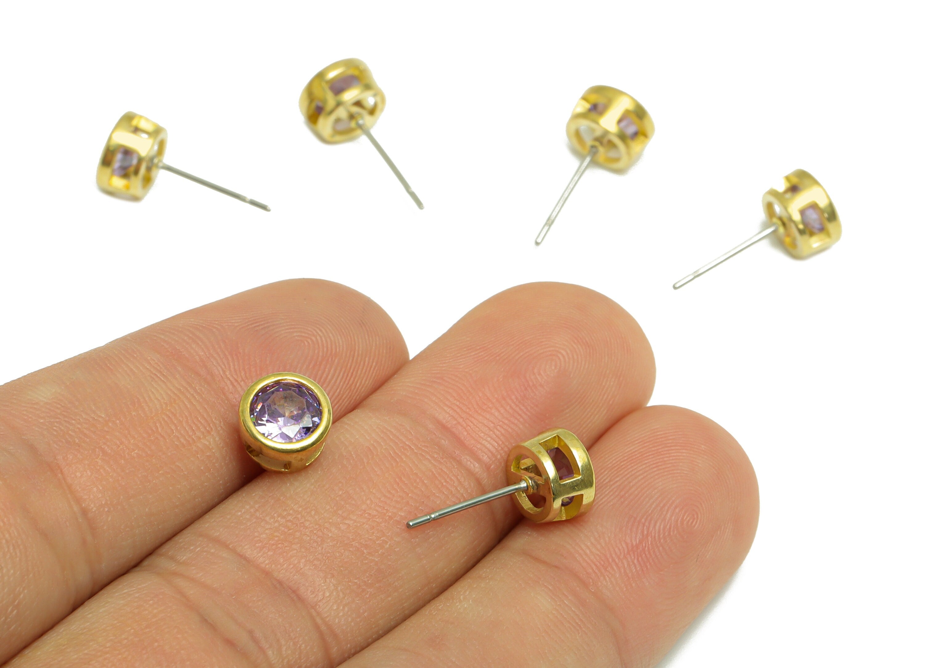 light Amethyst (CZ-09L) Zircon Earring Stud - Raw Brass Round Earring Post - Cubic Zircon Earring Post - 16.6x7.68x5.5mm - PP9682Y - DOMEDBAZAAR