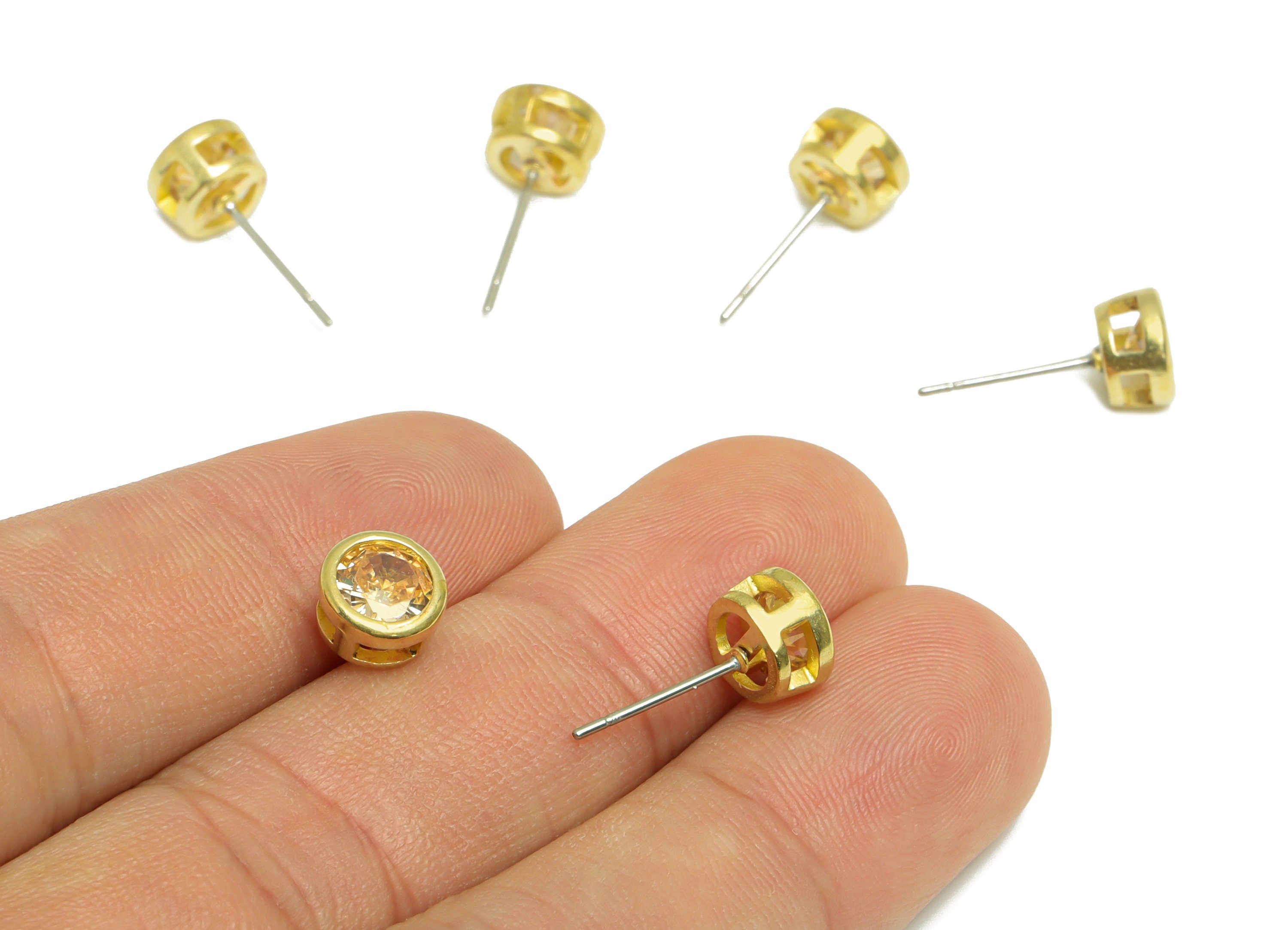 Champagne(CZ-19) Zircon Earring Stud - Raw Brass Round Earring Post - Cubic Zircon Earring Post - 16.6x7.68x5.5mm - PP9682X - DOMEDBAZAAR