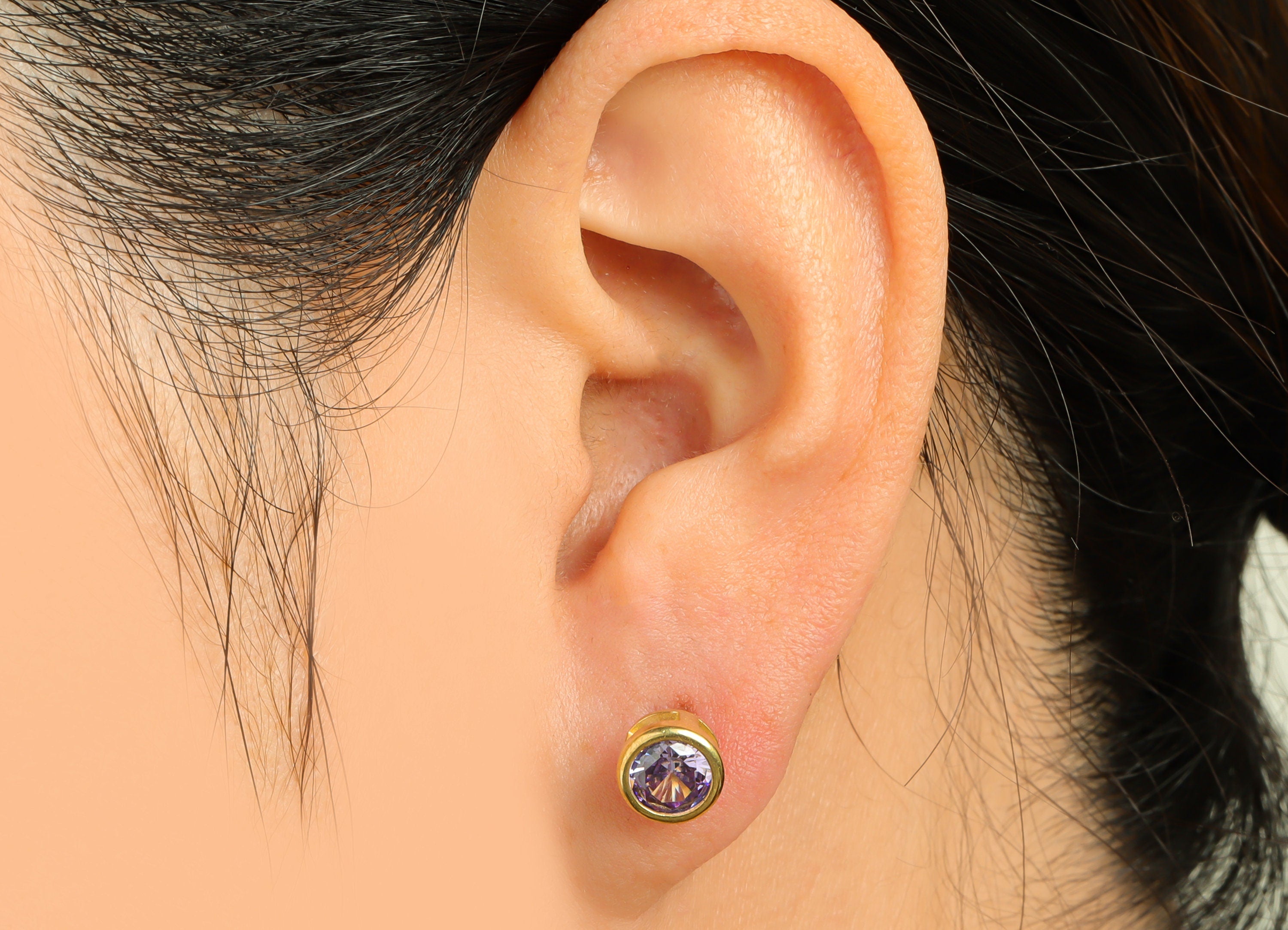 Amethyst (CZ-09) Zircon Earring Stud - Raw Brass Round Earring Post - Cubic Zircon Earring Post - 16.6x7.68x5.5mm - PP9682Q - DOMEDBAZAAR