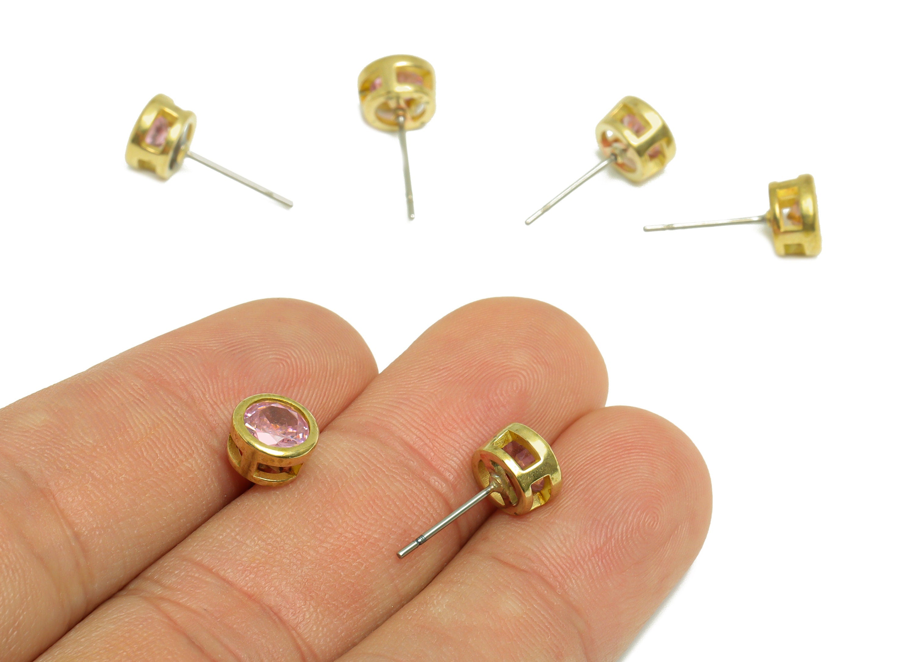 Pink (CZ-01) Zircon Earring Stud - Raw Brass Round Earring Post - Cubic Zircon Earring Post - 16.6x7.68x5.5mm - PP9682C - DOMEDBAZAAR