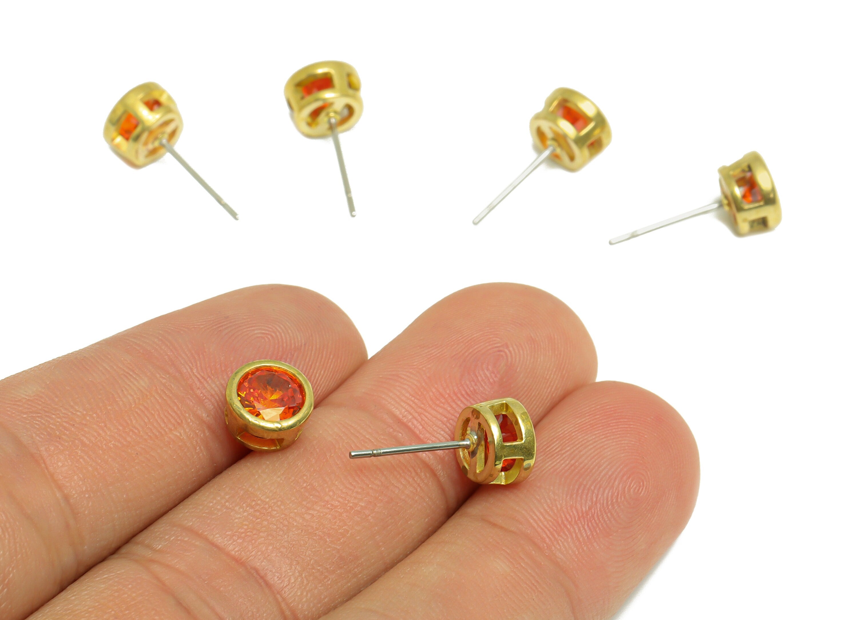 Light orange (CZ-11L)Zircon Earring Stud - Raw Brass Round CZ Earring Post - Cubic Zircon Earring Post - 16.6x7.68x5.5mm - PP9682J - DOMEDBAZAAR