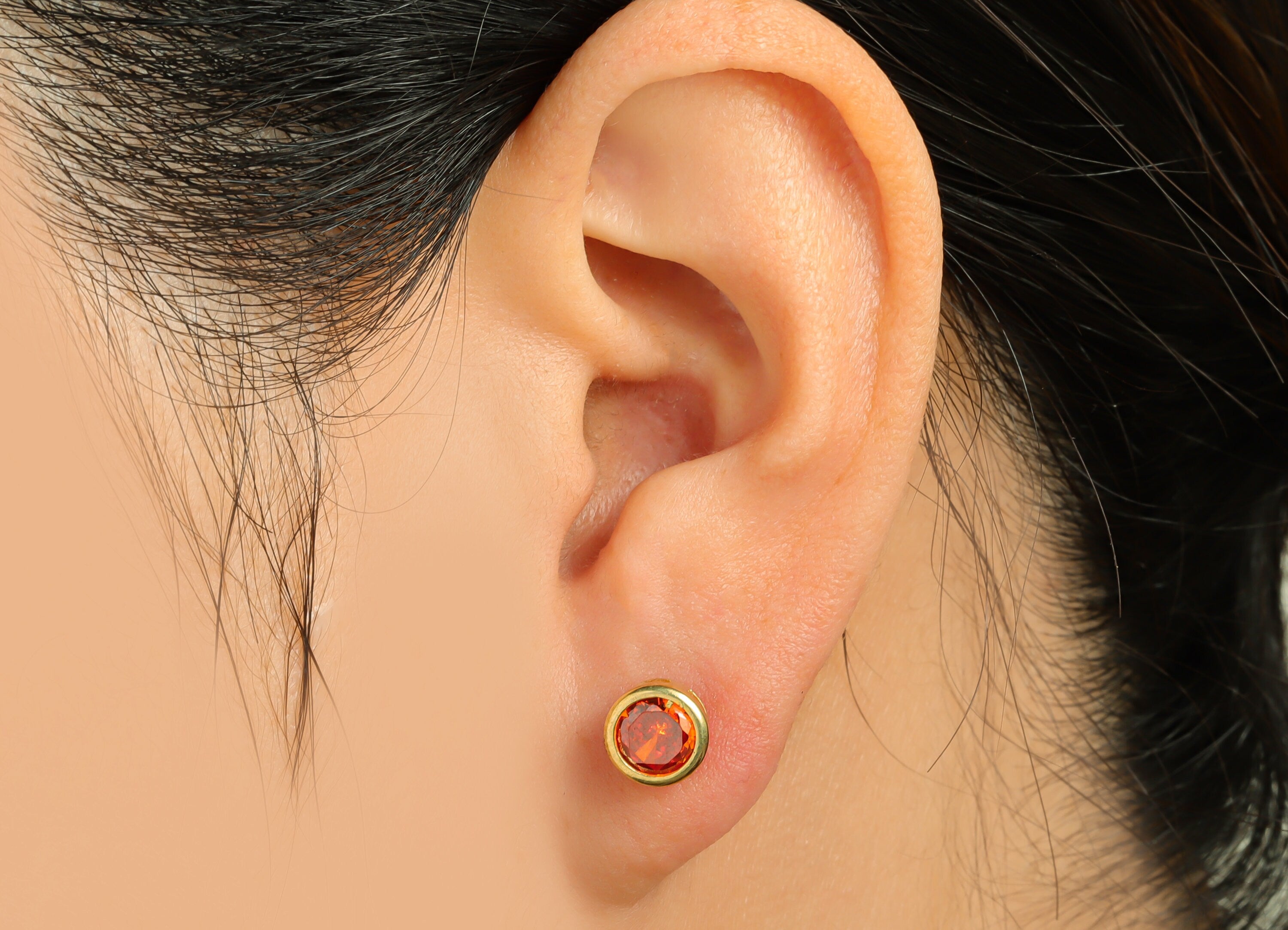 Light orange (CZ-11L)Zircon Earring Stud - Raw Brass Round CZ Earring Post - Cubic Zircon Earring Post - 16.6x7.68x5.5mm - PP9682J - DOMEDBAZAAR