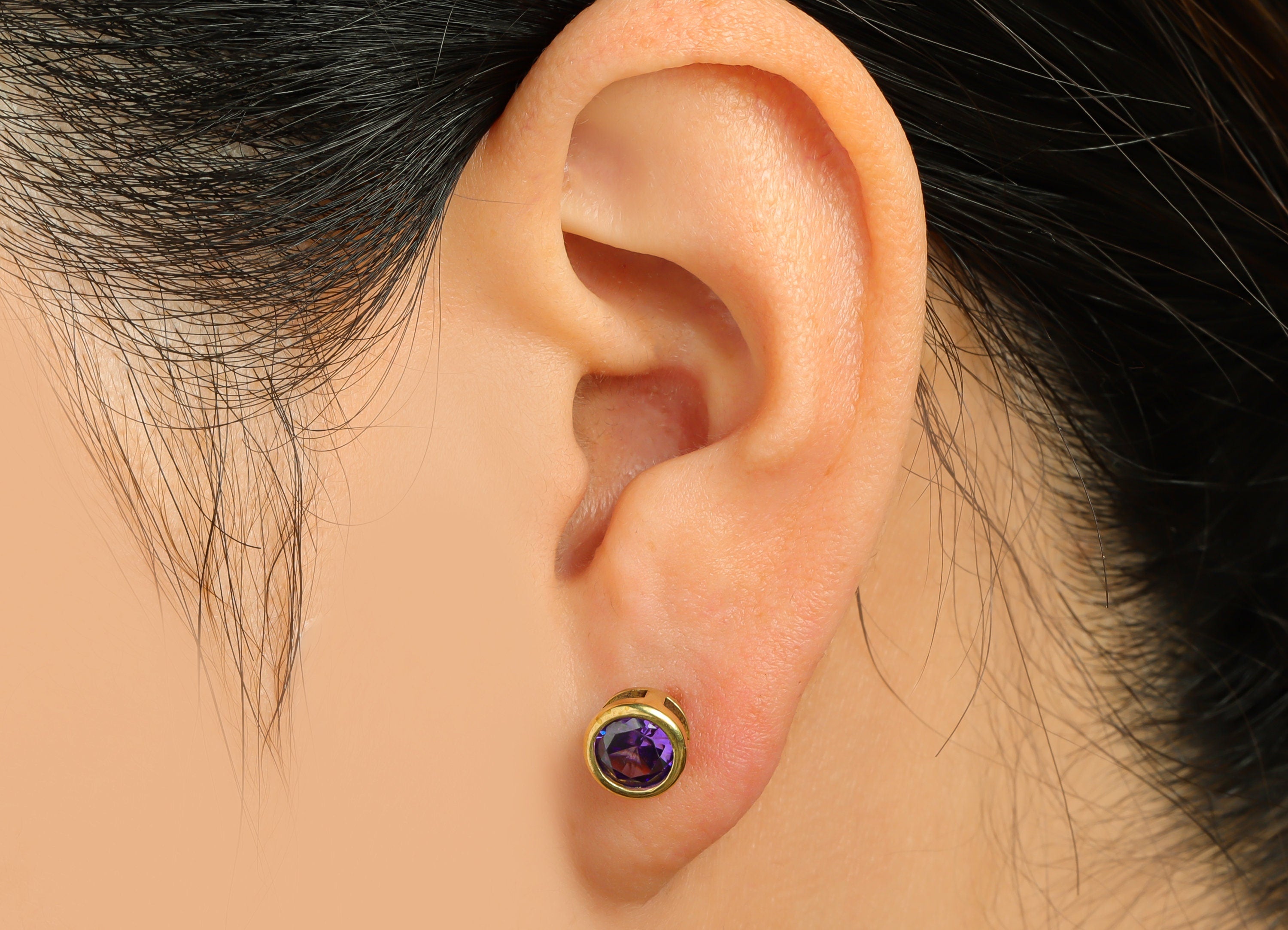 Deep Violet (CZ-08) Zircon Earring Stud - Raw Brass Round CZ Earring Post - Cubic Zircon Earring Post - 16.6x7.68x5.5mm - PP9682S - DOMEDBAZAAR