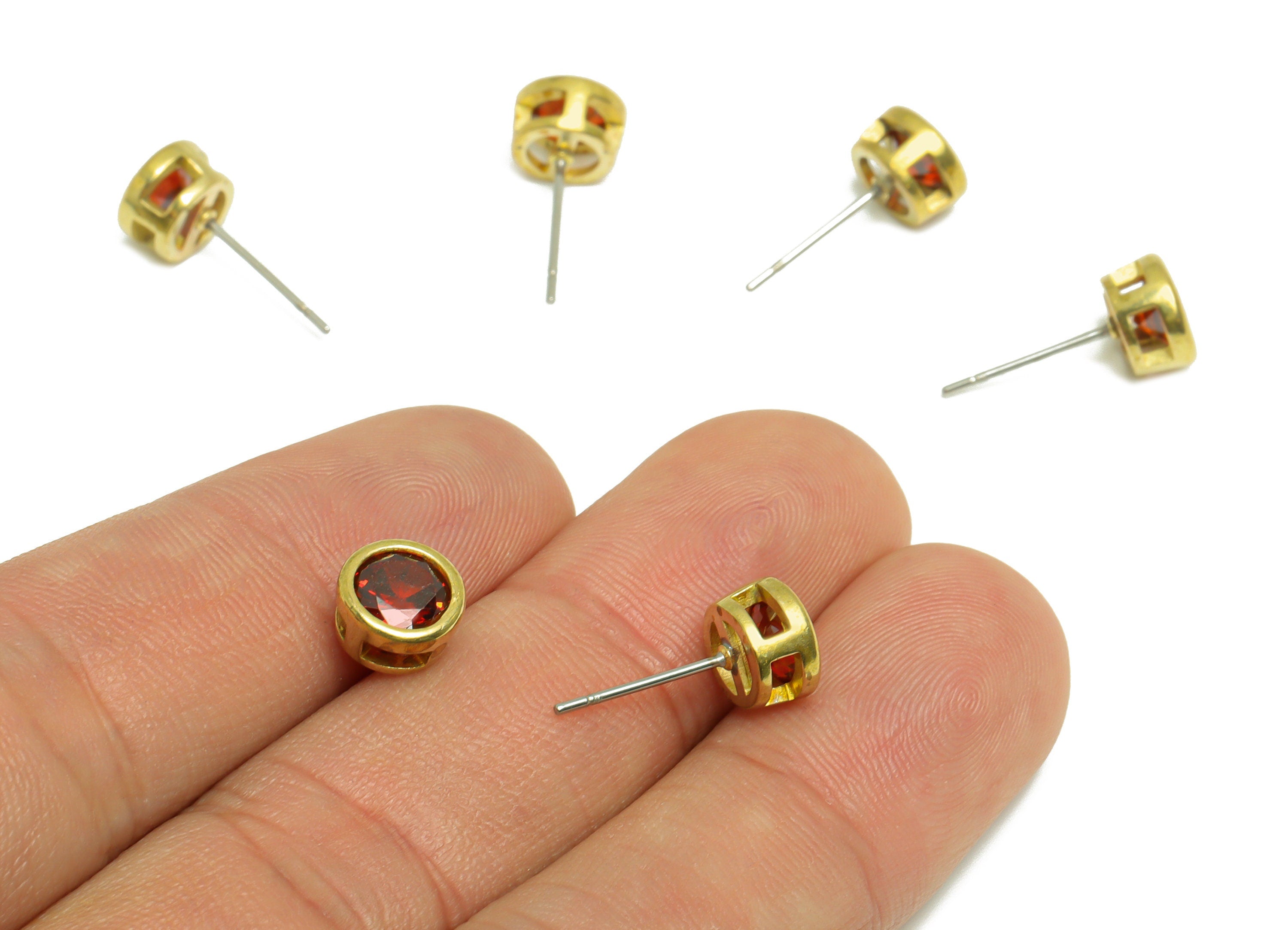 Garnet (CZ-13) Zircon Earring Stud - Raw Brass Round CZ Earring Post - Cubic Zircon Earring Post - 16.6x7.68x5.5mm - PP9682F - DOMEDBAZAAR