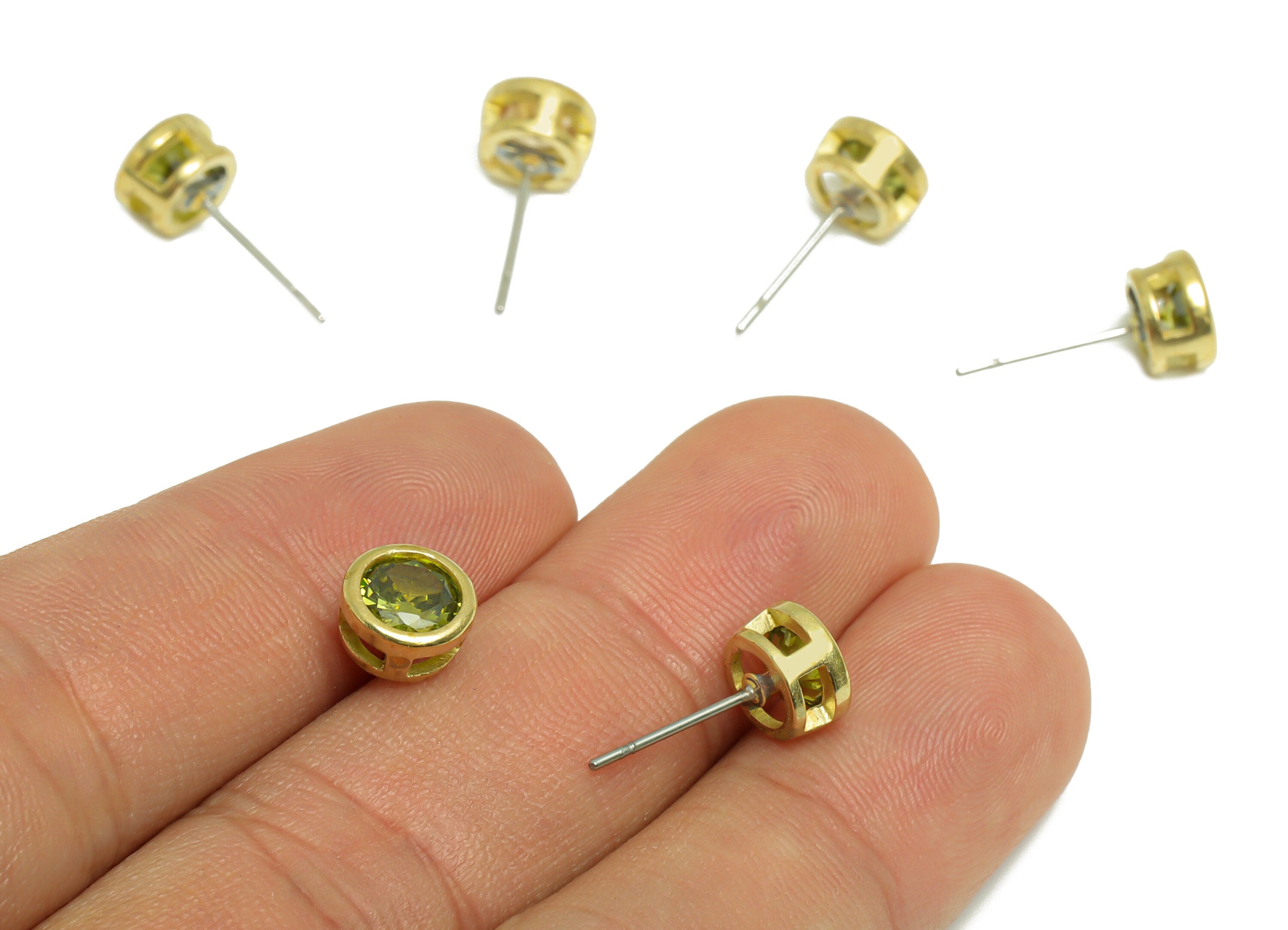 D-Peridot (CZ-16) Zircon Earring Stud - Raw Brass Round CZ Earring Post - Cubic Zircon Earring Post - 16.6x7.68x5.5mm - PP9682L - DOMEDBAZAAR