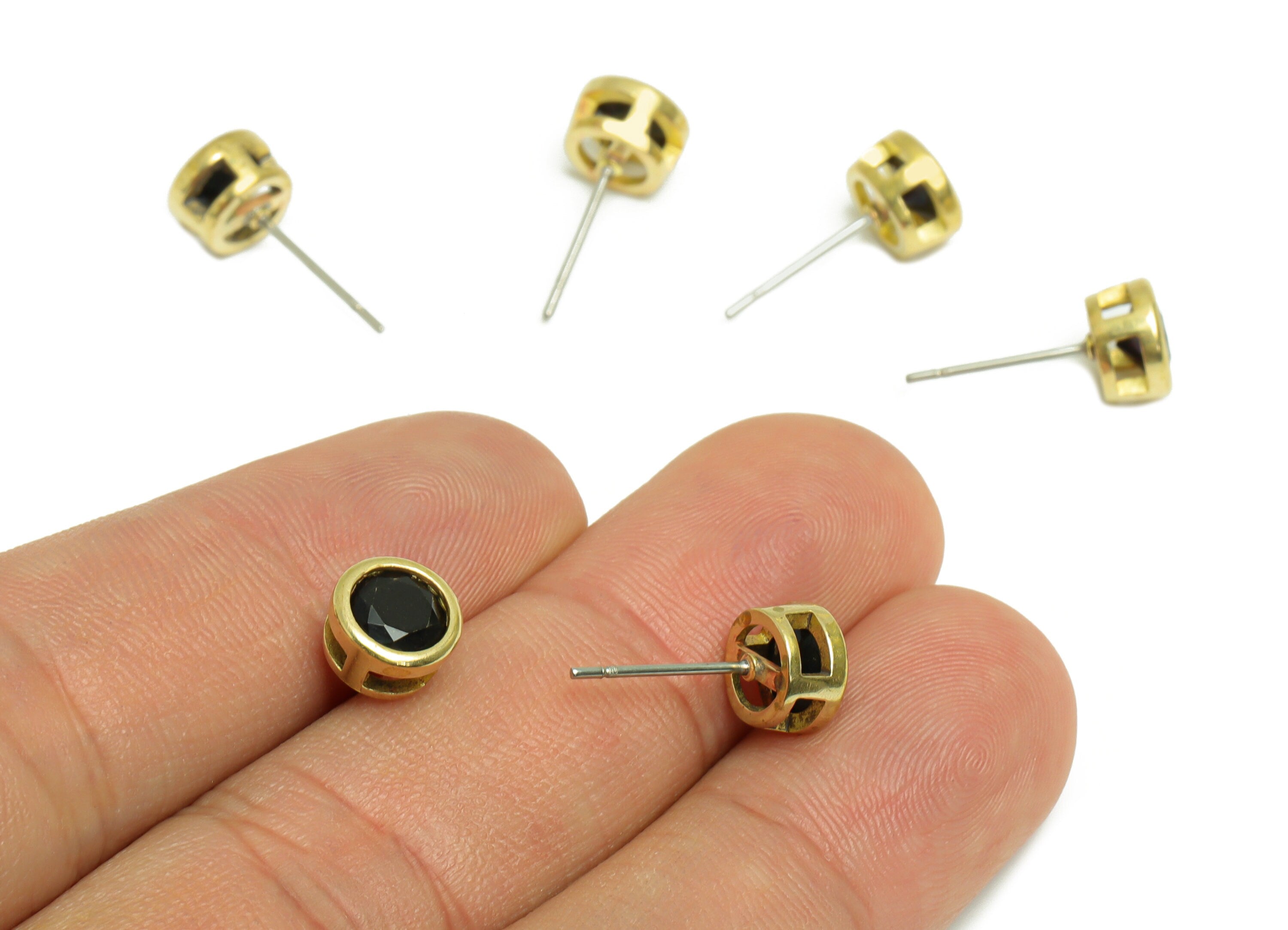 Black (CZ-22) Zircon Earring Stud - Raw Brass Round CZ Earring Post - Cubic Zircon Earring Post - 16.6x7.68x5.5mm - PP9682N - DOMEDBAZAAR