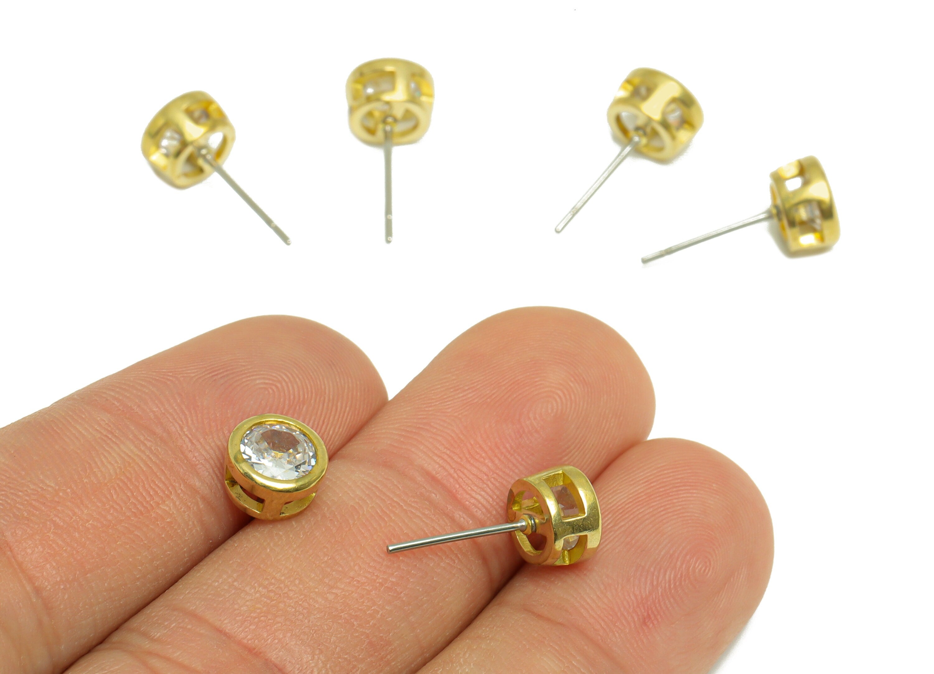White(CZ-21) Zircon Earring Stud - Raw Brass Round CZ Earring Post - Cubic Zircon Earring Post - 16.6x7.68x5.5mm - PP9682A - DOMEDBAZAAR