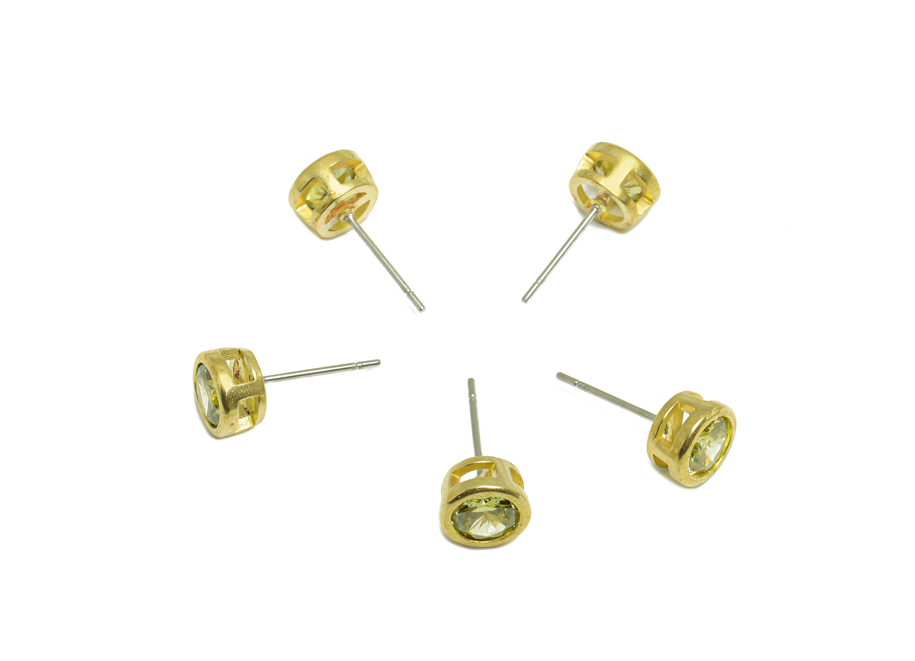 Olive (CZ-14) Zircon Earring Stud - Raw Brass Round CZ Earring Post - Cubic Zircon Earring Post - 16.6x7.68x5.5mm - PP9682K - DOMEDBAZAAR