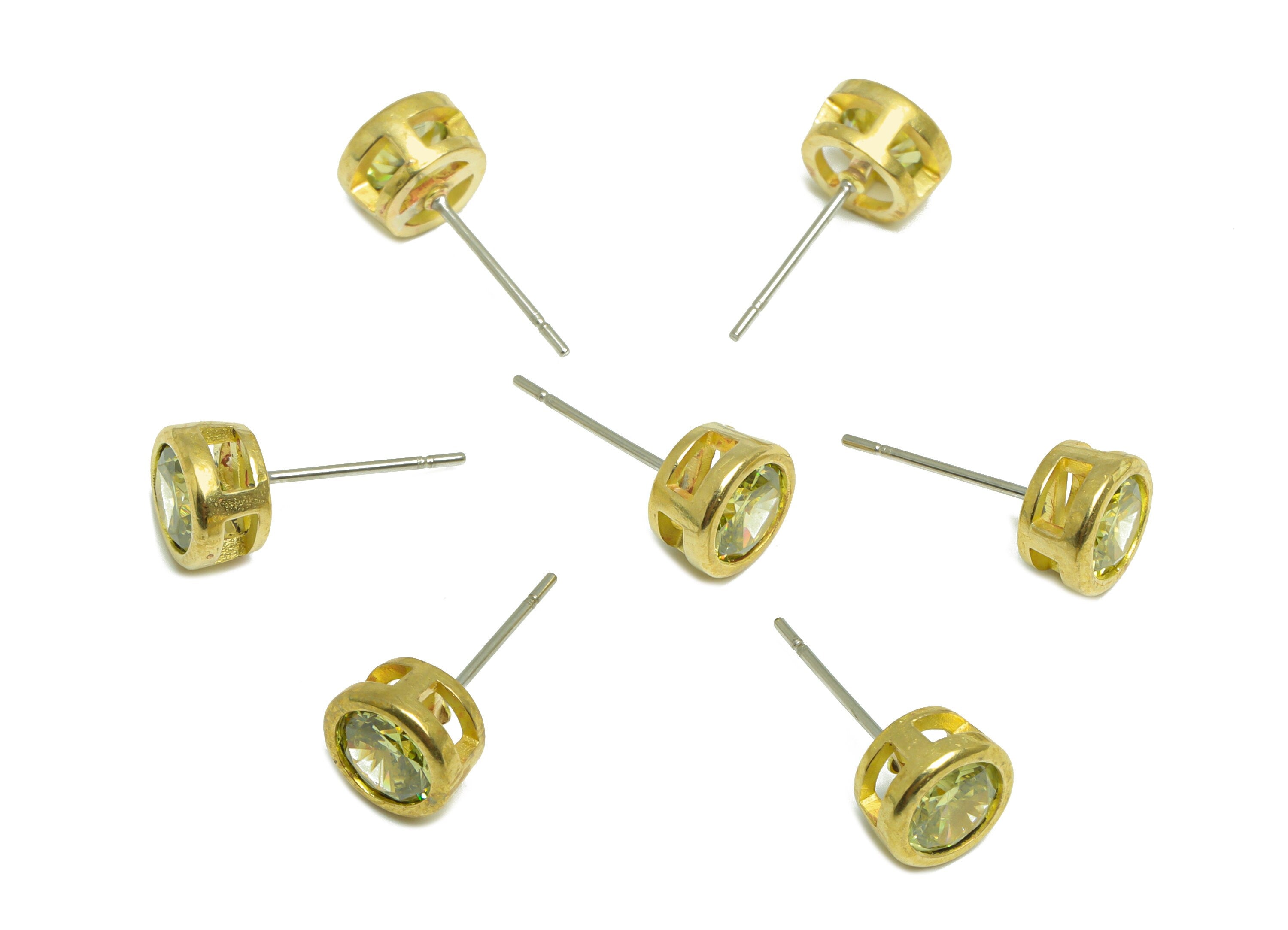 Olive (CZ-14) Zircon Earring Stud - Raw Brass Round CZ Earring Post - Cubic Zircon Earring Post - 16.6x7.68x5.5mm - PP9682K - DOMEDBAZAAR