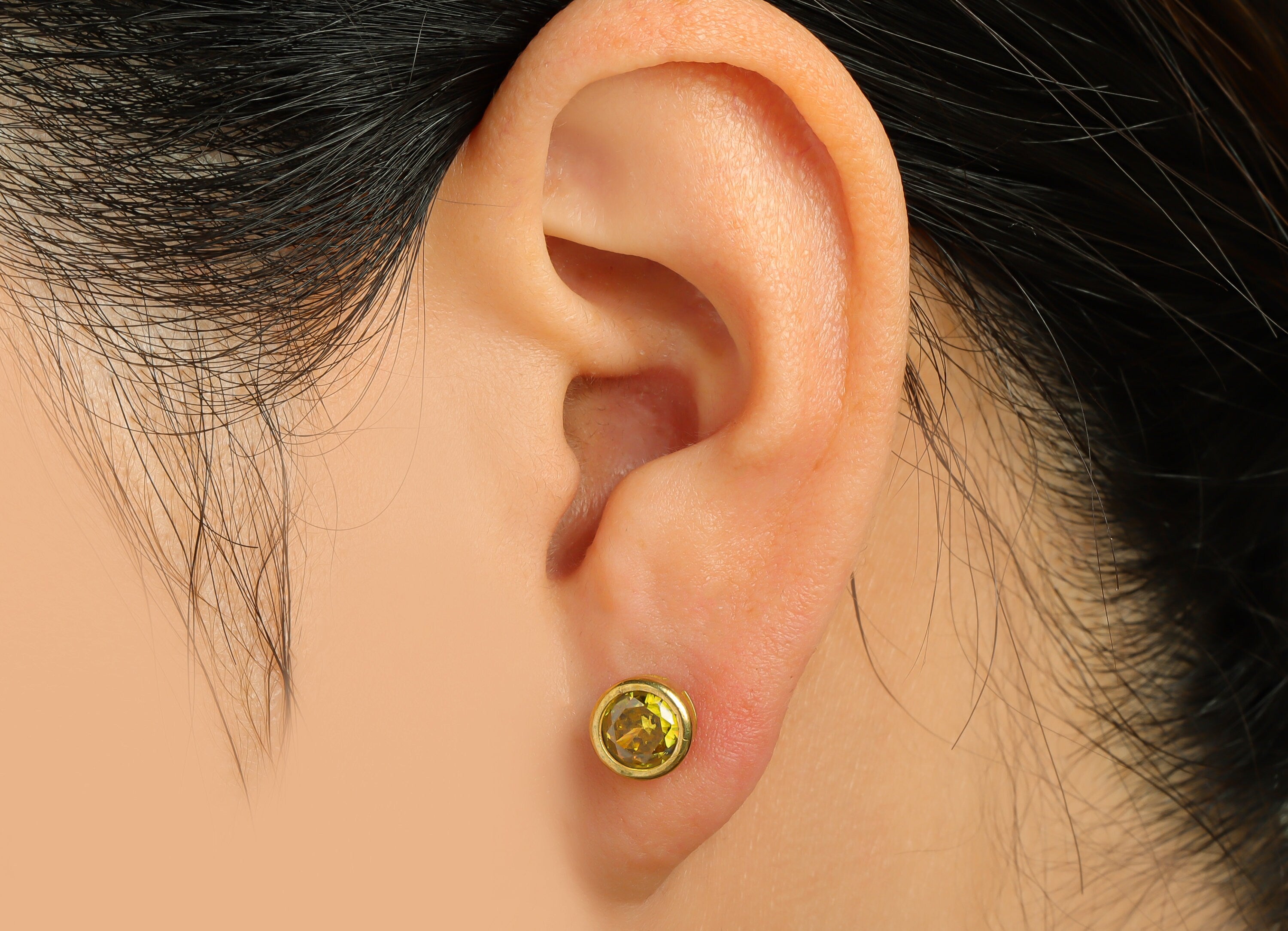 Olive (CZ-14) Zircon Earring Stud - Raw Brass Round CZ Earring Post - Cubic Zircon Earring Post - 16.6x7.68x5.5mm - PP9682K - DOMEDBAZAAR