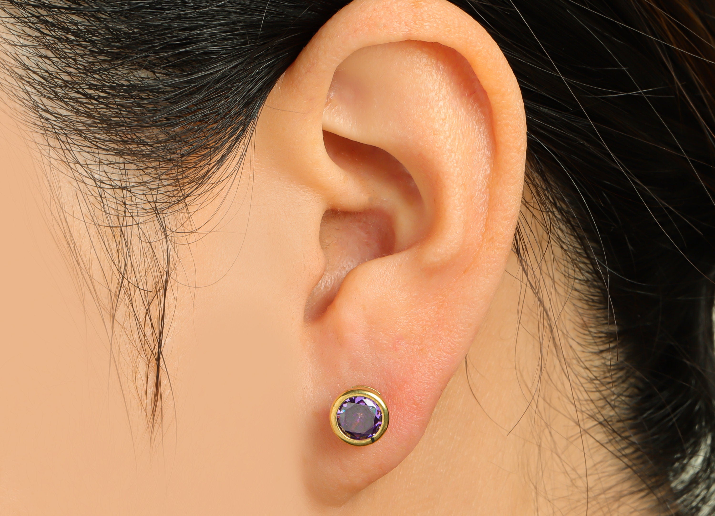 D-Amethyst(CZ-10) Zircon Earring Stud - Raw Brass Round CZ Earring Post - Cubic Zircon Earring Post - 16.6x7.68x5.5mm - PP9682T - DOMEDBAZAAR