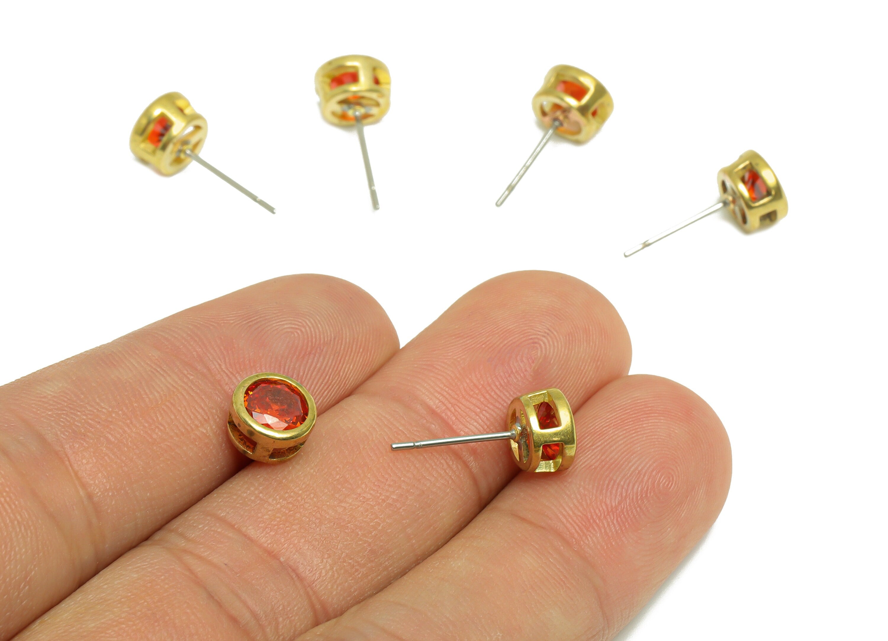 Orange Red (CZ-12) Zircon Earring Stud - Raw Brass Round CZ Earring Post - Cubic Zircon Earring Post - 16.6x7.68x5.5mm - PP9682H - DOMEDBAZAAR