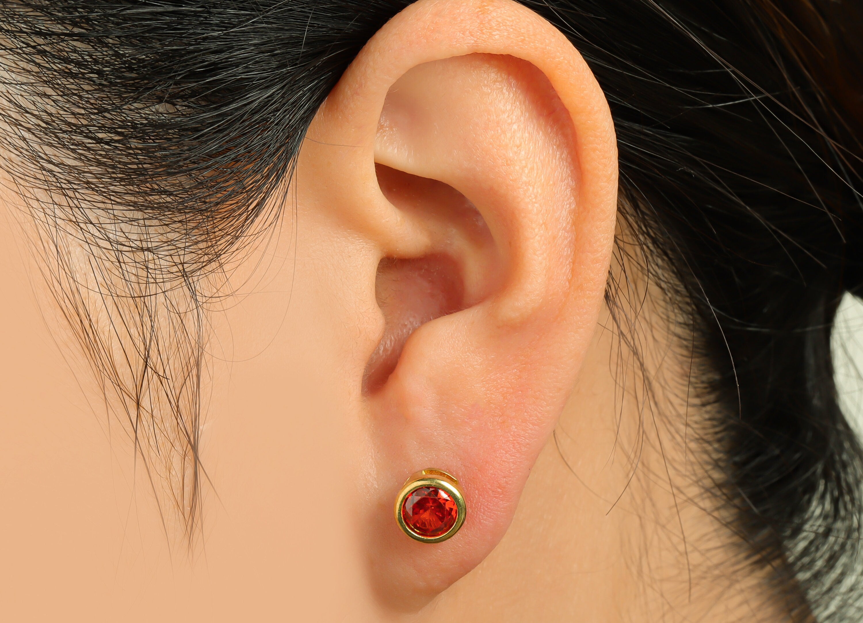Orange Red (CZ-12) Zircon Earring Stud - Raw Brass Round CZ Earring Post - Cubic Zircon Earring Post - 16.6x7.68x5.5mm - PP9682H - DOMEDBAZAAR