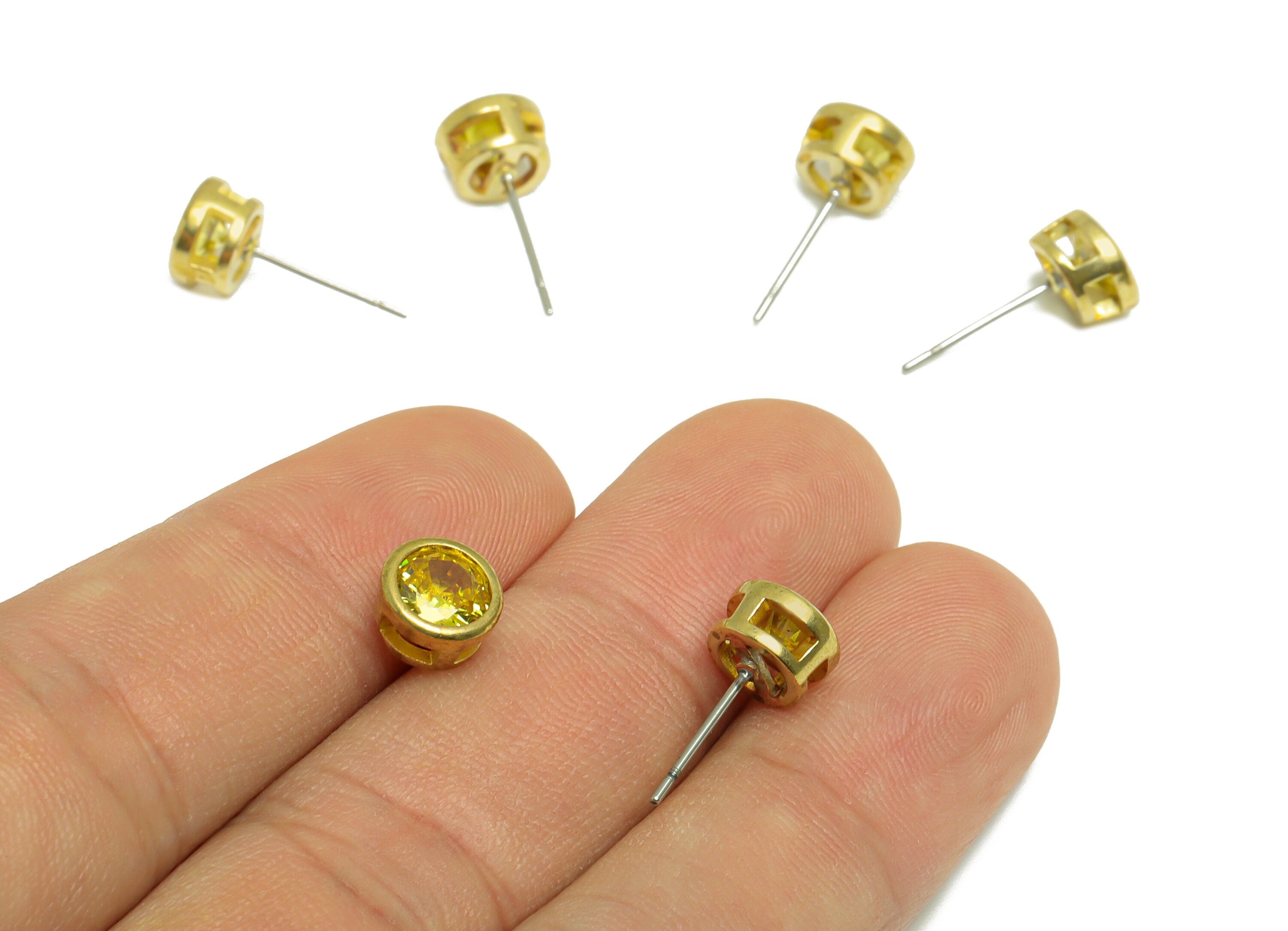 Golden (CZ-05) Zircon Earring Stud - Raw Brass Round CZ Earring Post - Cubic Zircon Earring Post - 16.6x7.68x5.5mm - PP9682M - DOMEDBAZAAR