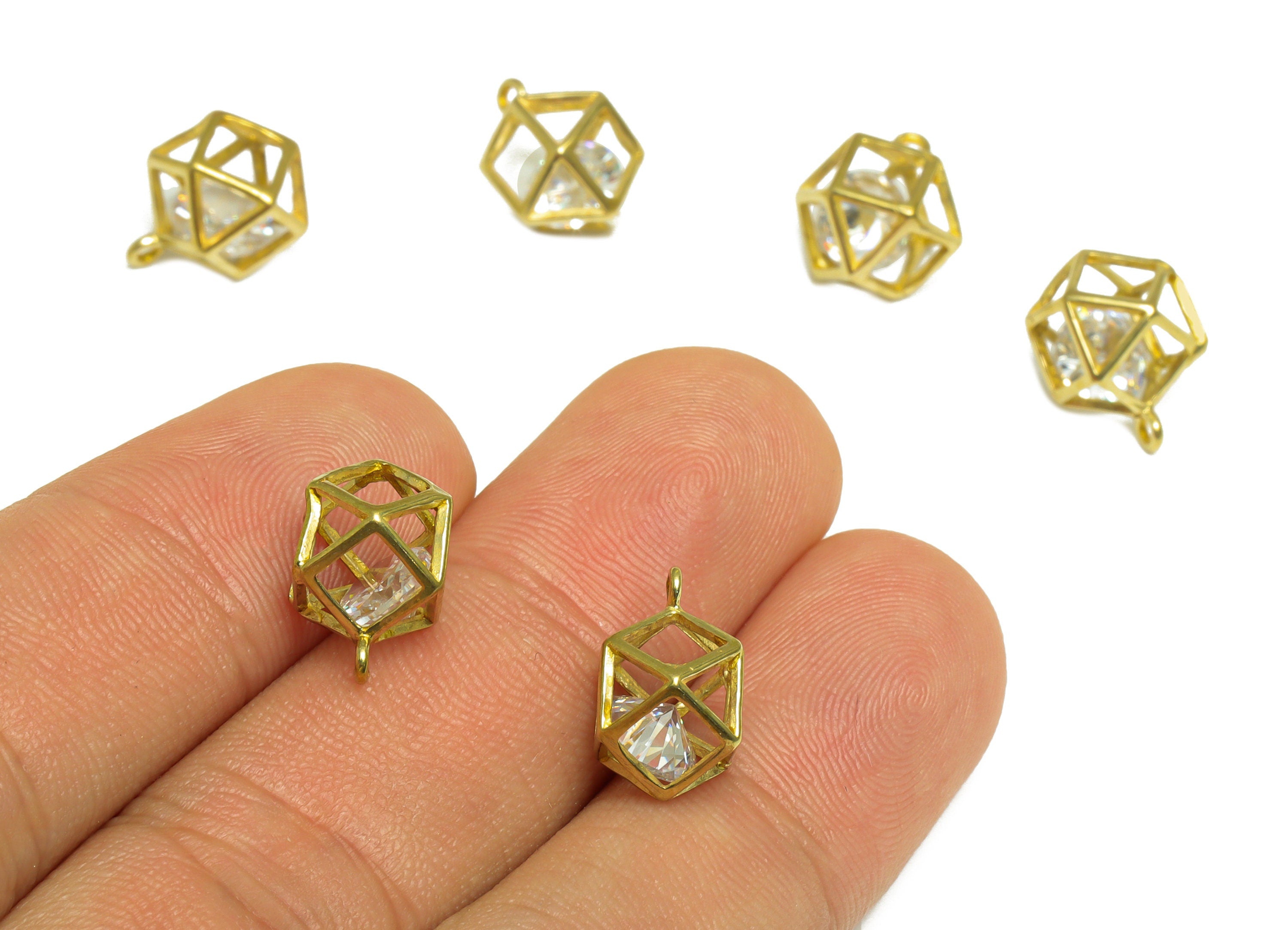CZ Diamond Ball Pendant - Raw Brass Square CZ Cage Football Earring Charm - Triangle Geometry Zircon Pendant - 13x11x8mm - PP10053 - DOMEDBAZAAR
