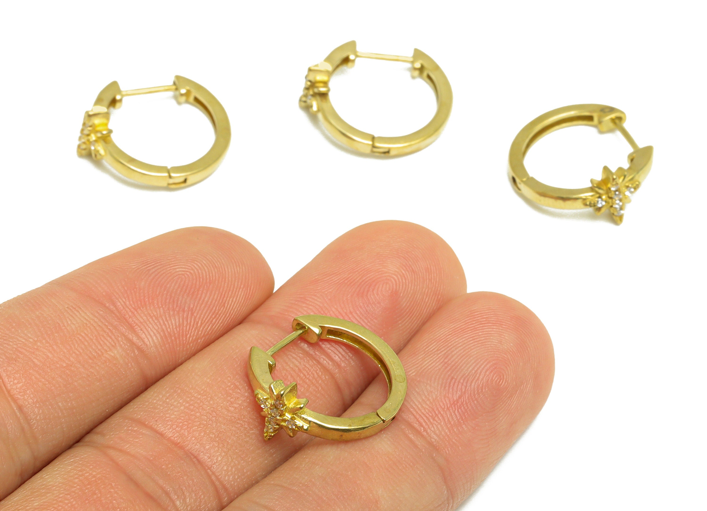 Brass CZ Star Huggie Hoop Earring - Raw Brass North Star Cubic Zircon Earring - Brass Huggie Hoop Clasp Earring - 18.7x17x7.7mm - PP10038 - DOMEDBAZAAR