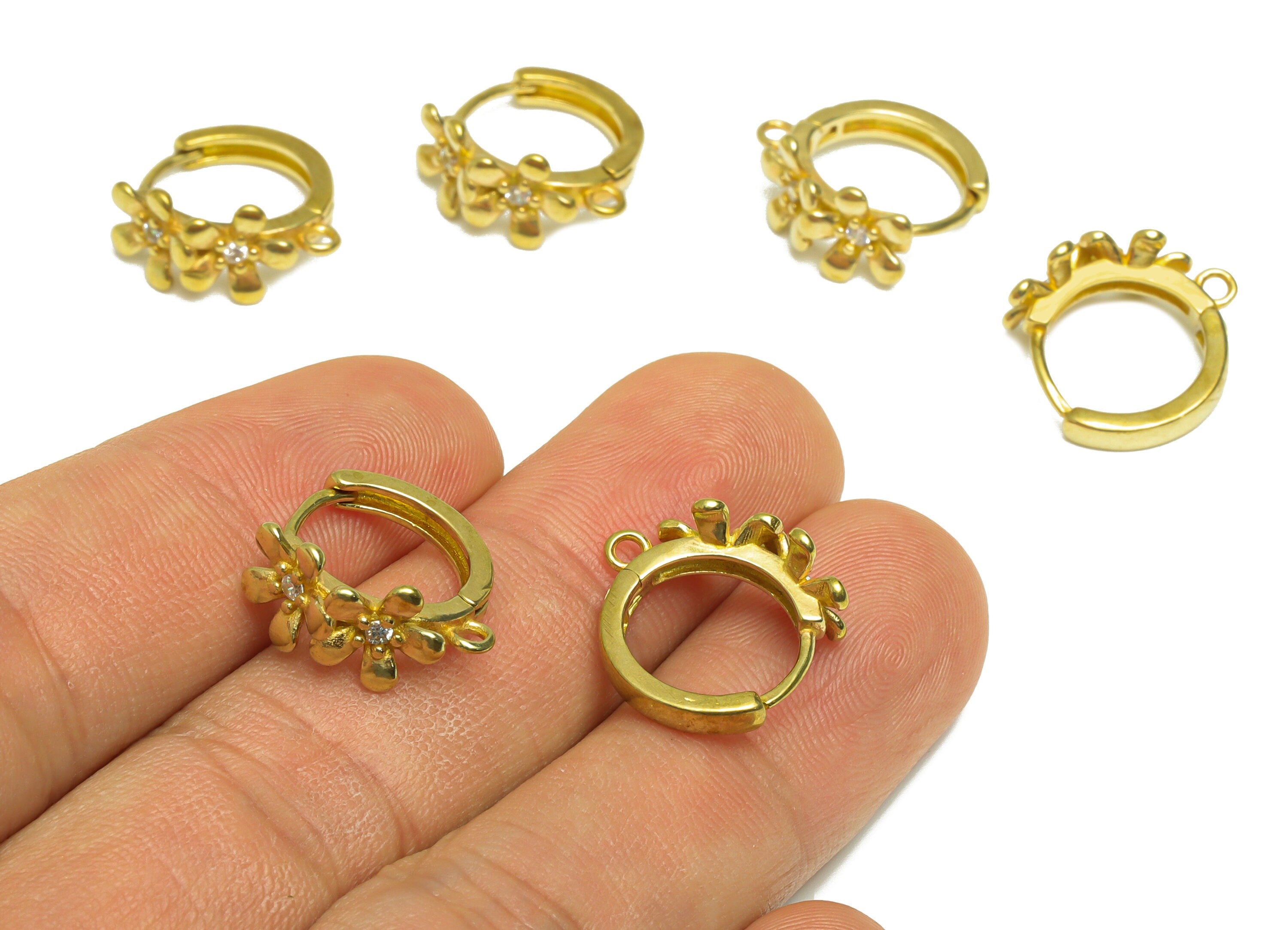 Brass CZ Flower Huggie Hoop Earring - Raw Brass Daisy Cubic Zircon Earring - Brass Flower Zircon Huggie Hoop With Loop - 16x15x8mm - PP10008 - DOMEDBAZAAR
