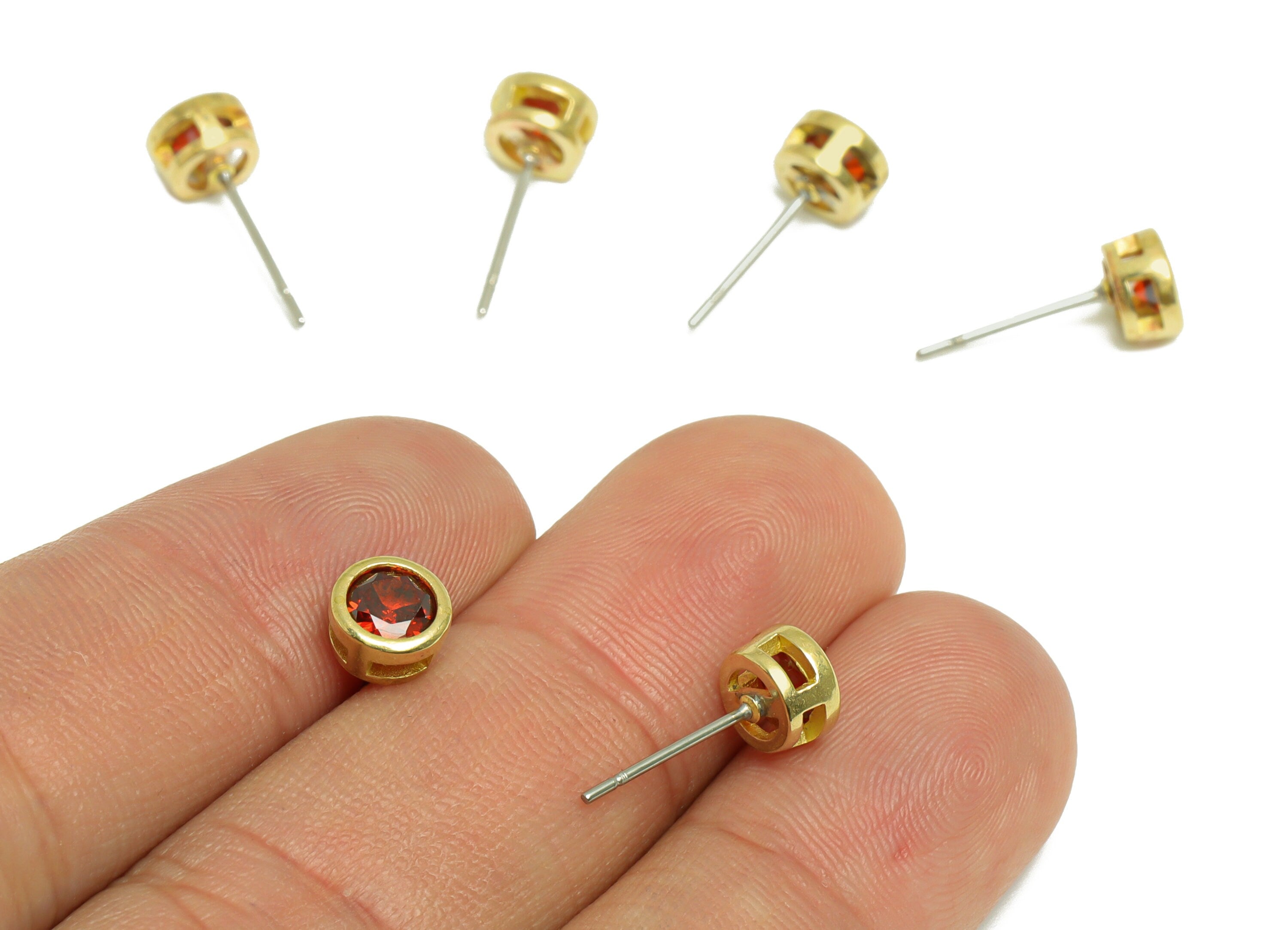 Deep Garnet (CZ-13D) Zircon Earring Stud - Raw Brass Minimalist CZ Earring Post - Cubic Zircon Earring Post - 16.04x6.6x4.4mm - PP9838D - DOMEDBAZAAR