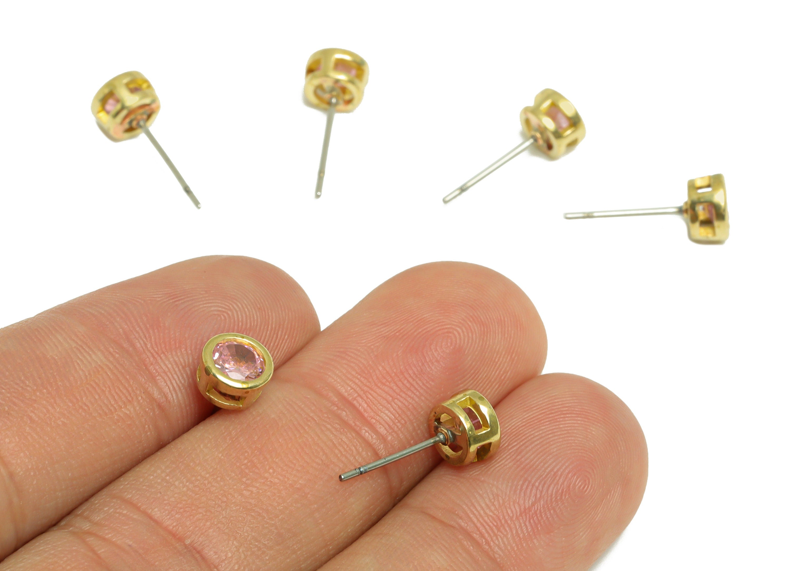 Pink (CZ-01) Zircon Earring Stud - Raw Brass Minimalist CZ Earring Post - Cubic Zircon Earring Post - 16.04x6.6x4.4mm - PP9838H - DOMEDBAZAAR