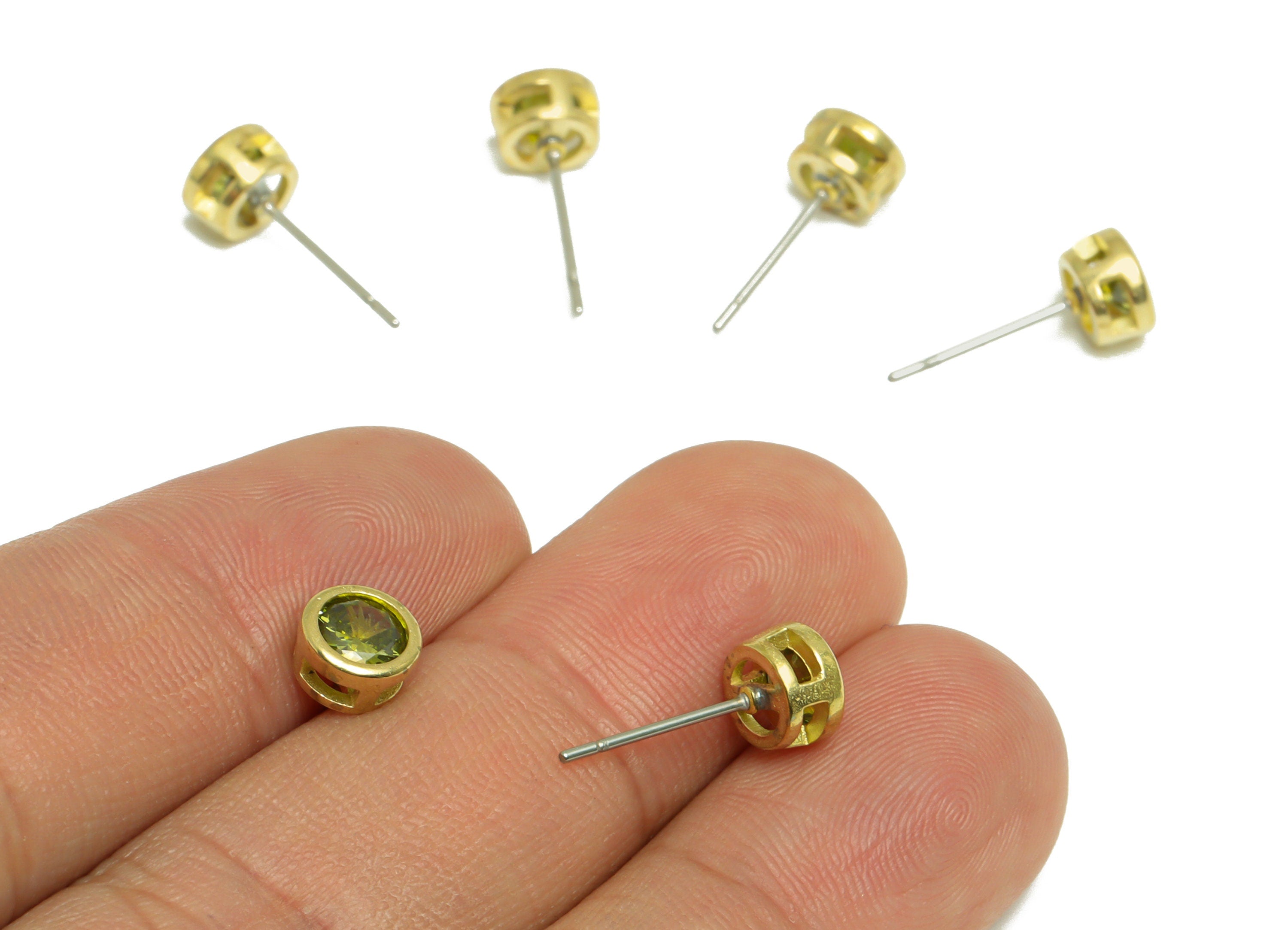 D-Peridot (CZ-16) Zircon Earring Stud - Raw Brass Minimalist CZ Earring Post - Cubic Zircon Earring Post - 16.04x6.6x4.4mm - PP9838J - DOMEDBAZAAR