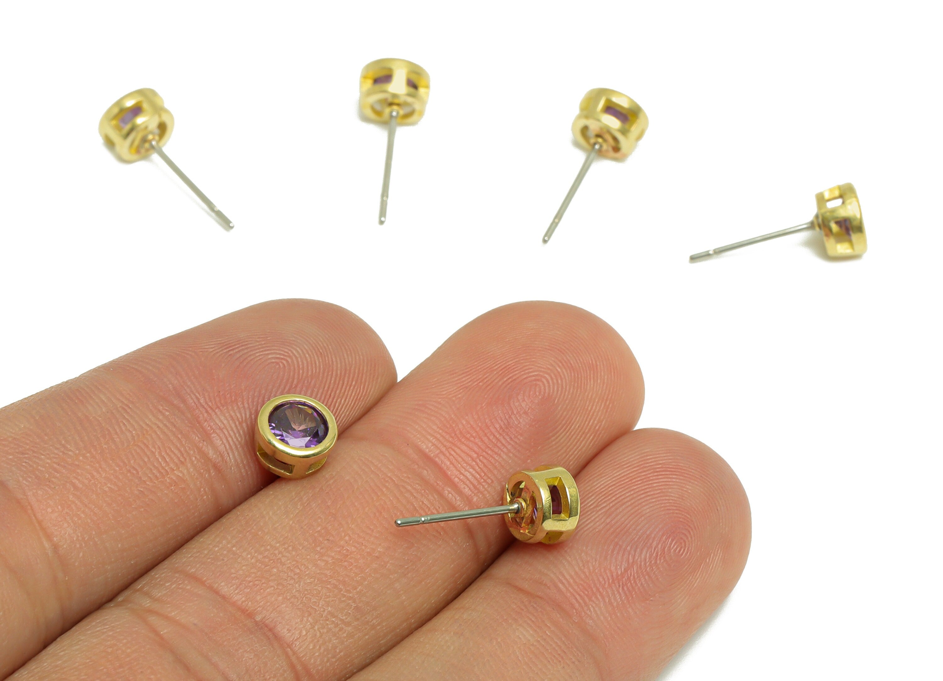 Deep Amethyst (CZ-10) Zircon Earring Stud - Raw Brass Minimalist CZ Earring Post - Cubic Zircon Earring Post - 16.04x6.6x4.4mm - PP9838K - DOMEDBAZAAR
