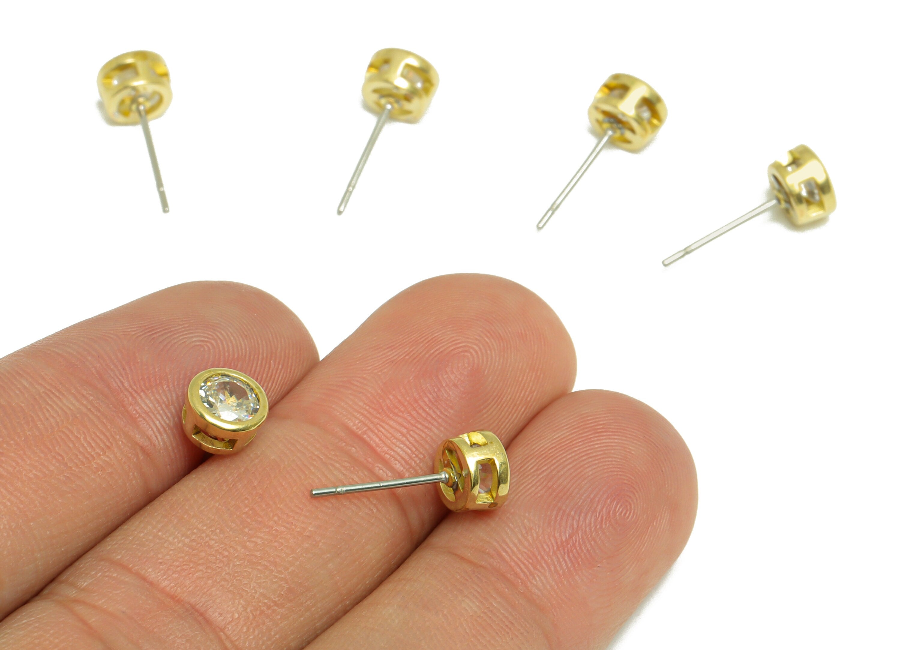 White (cz-21) Zircon Earring Stud - Raw Brass Minimalist CZ Earring Post - Cubic Zircon Earring Post - 16.04x6.6x4.4mm - PP9838M - DOMEDBAZAAR
