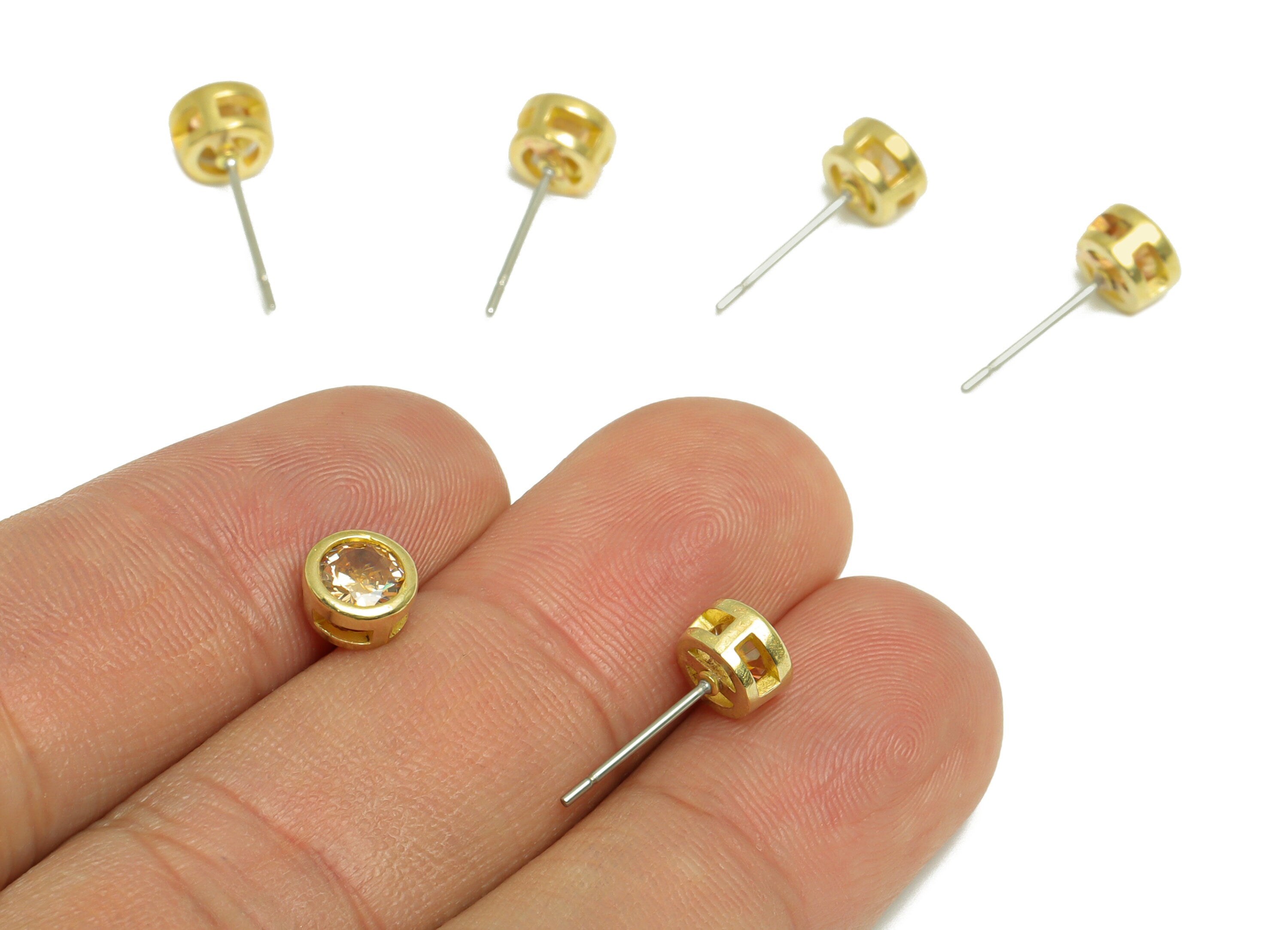 Champagne (CZ-19) Zircon Earring Stud - Raw Brass Minimalist CZ Earring Post - Cubic Zircon Earring Post - 16.04x6.6x4.4mm - PP9838P - DOMEDBAZAAR