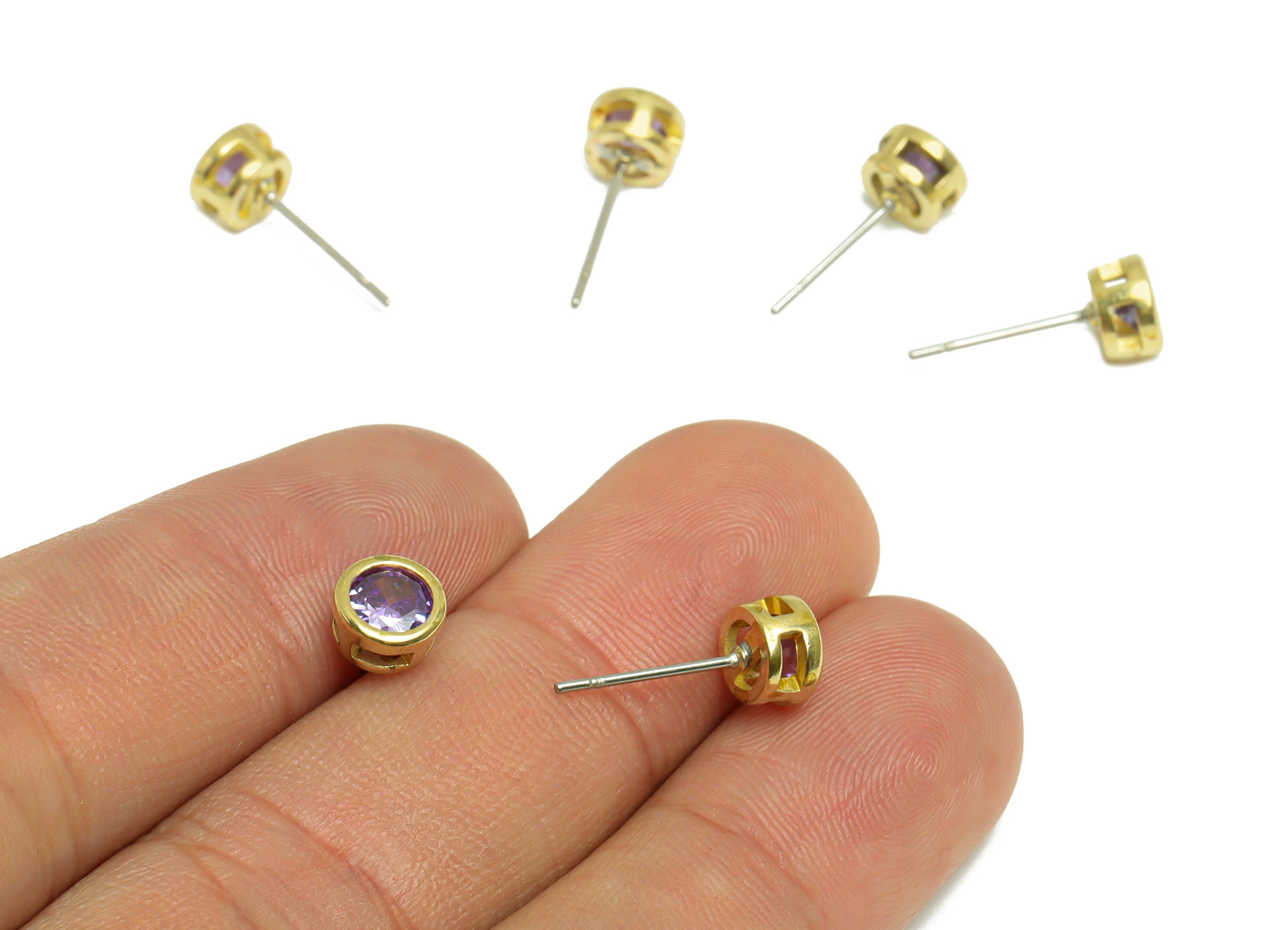 Violet (CZ-07) Zircon Earring Stud - Raw Brass Minimalist CZ Earring Post - Cubic Zircon Earring Post - 16.04x6.6x4.4mm - PP9838V - DOMEDBAZAAR
