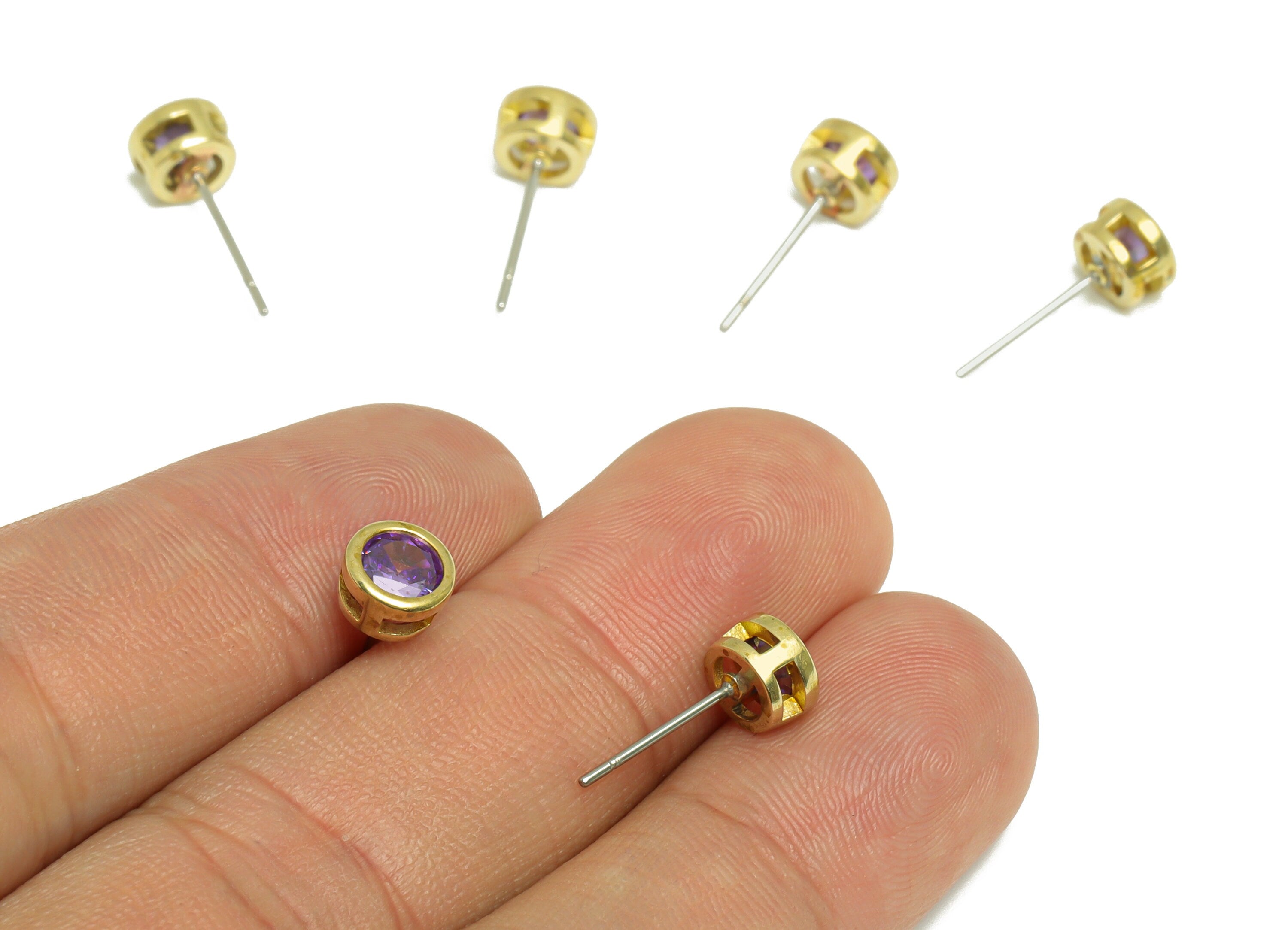 Amethyst (CZ-09) Zircon Earring Stud - Raw Brass Minimalist CZ Earring Post - Cubic Zircon Earring Post - 16.04x6.6x4.4mm - PP9838Z - DOMEDBAZAAR