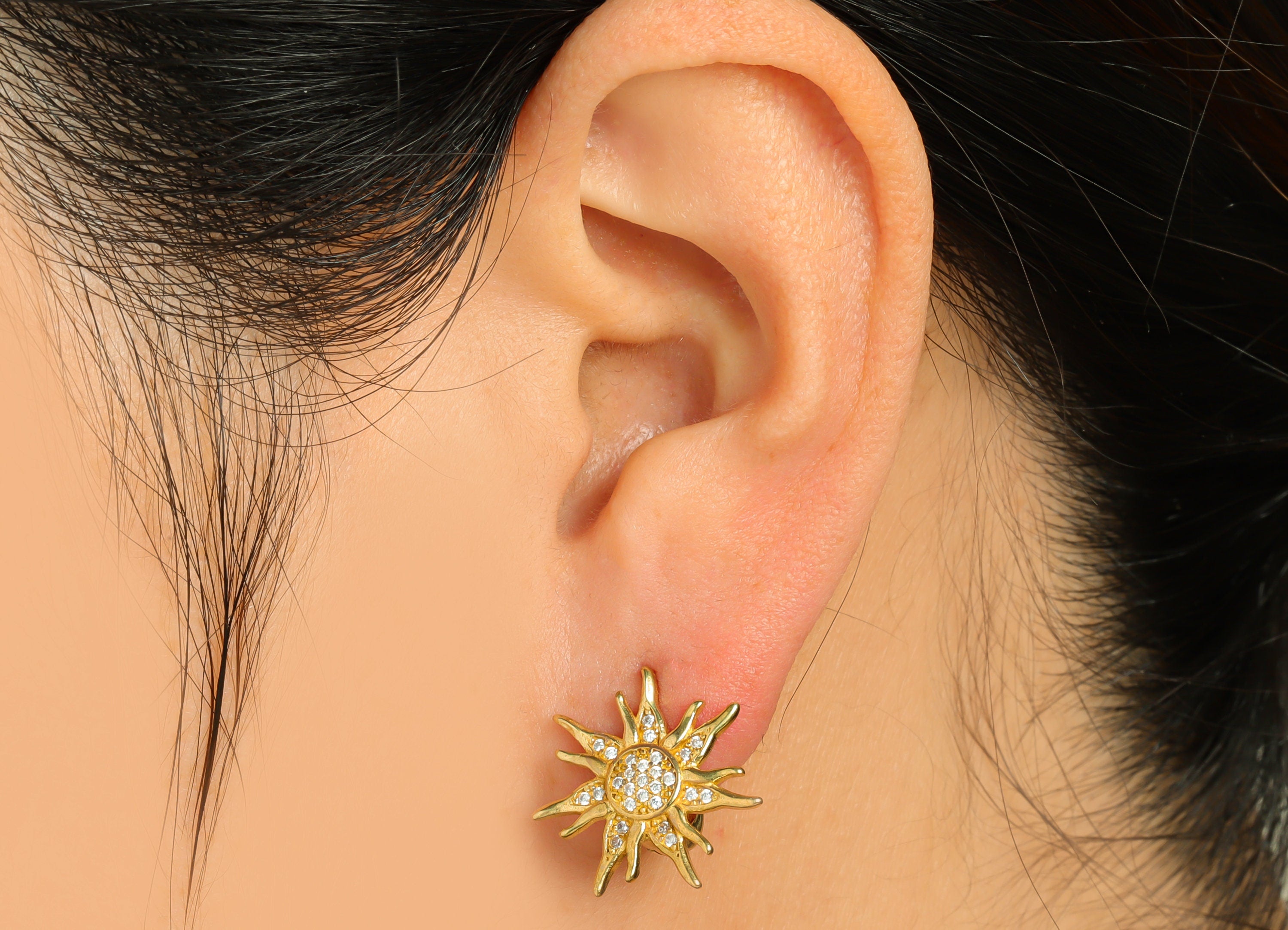 Brass CZ Sun Hoop Earring - Raw Brass Sunshine English Lock Hoop Earring - Brass Cubic Zircon Sun English Lock Earring -22x17x12mm - PP10033 - DOMEDBAZAAR