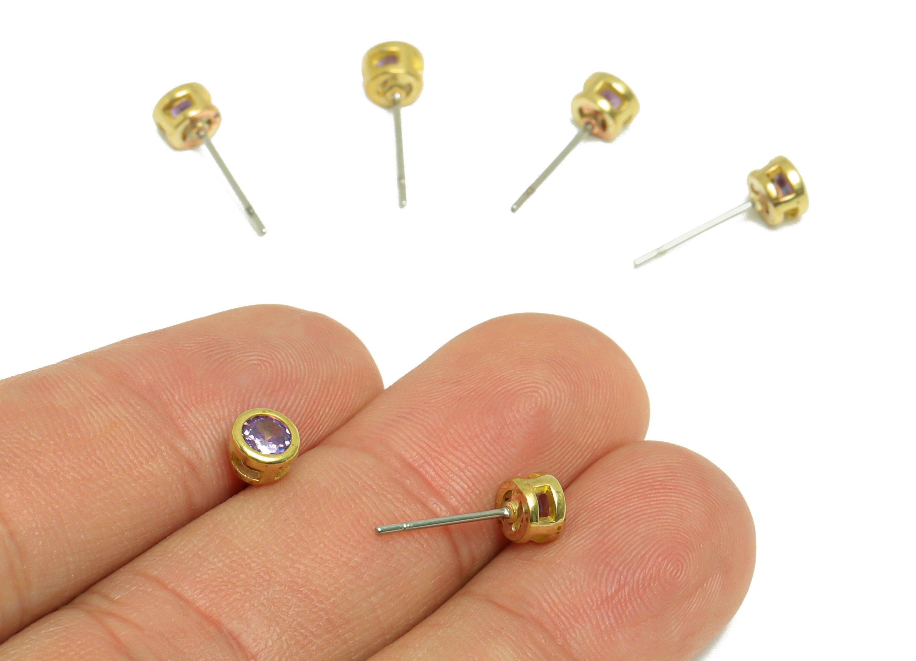 Amethyst (CZ-09) Zircon Earring Stud - Raw Brass Minimalist CZ Earring Post - Cubic Zircon Earring Post - 15.6x5.4x3.5mm - PP9825G - DOMEDBAZAAR