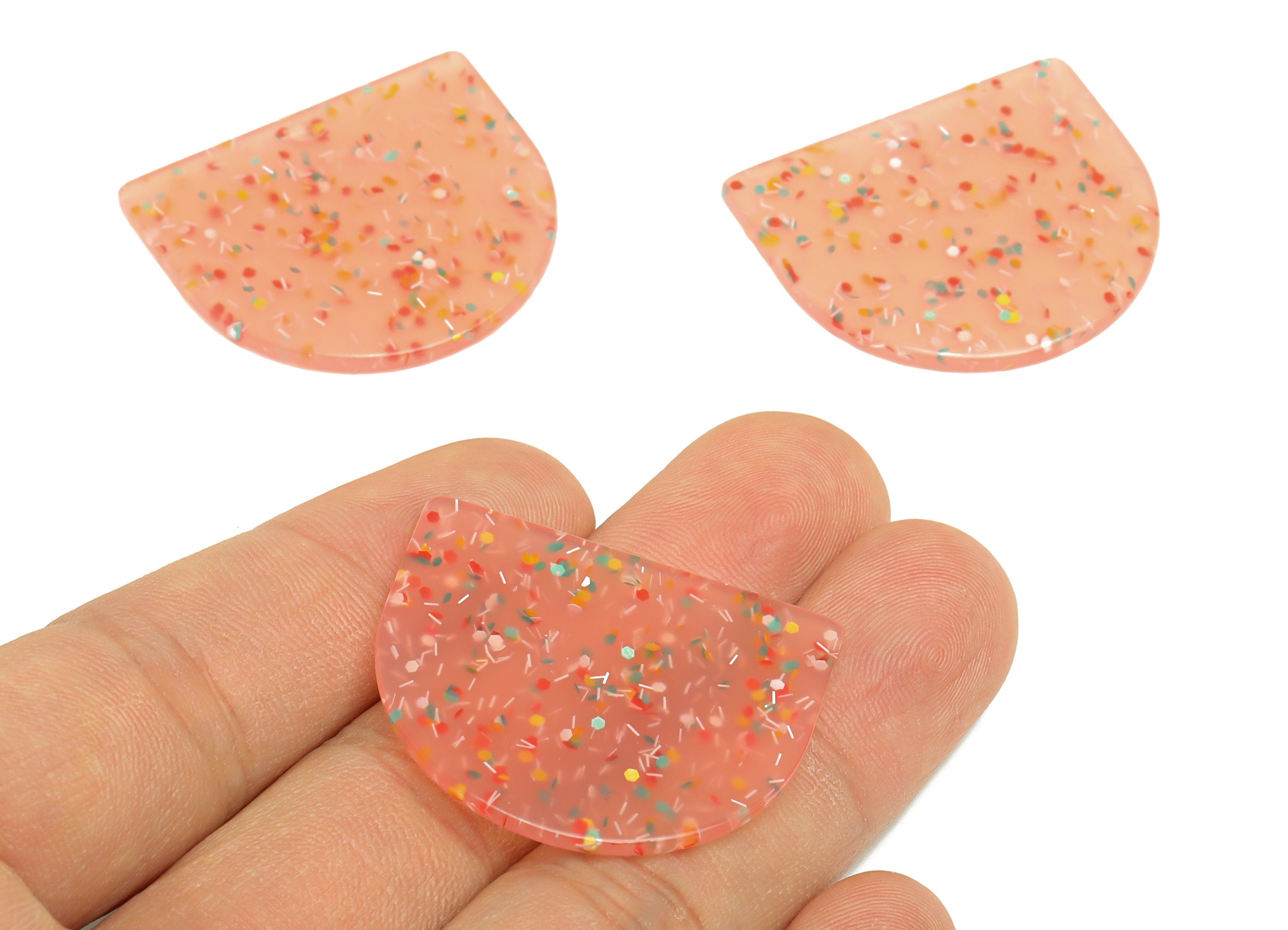 Acrylic D Earring Charms - Acrylic Pink Domed Pendant - Rainbow Sequins Earring - Color Code: A1016 - 33.48x29x2mm - AC1094-A1016 - DOMEDBAZAAR