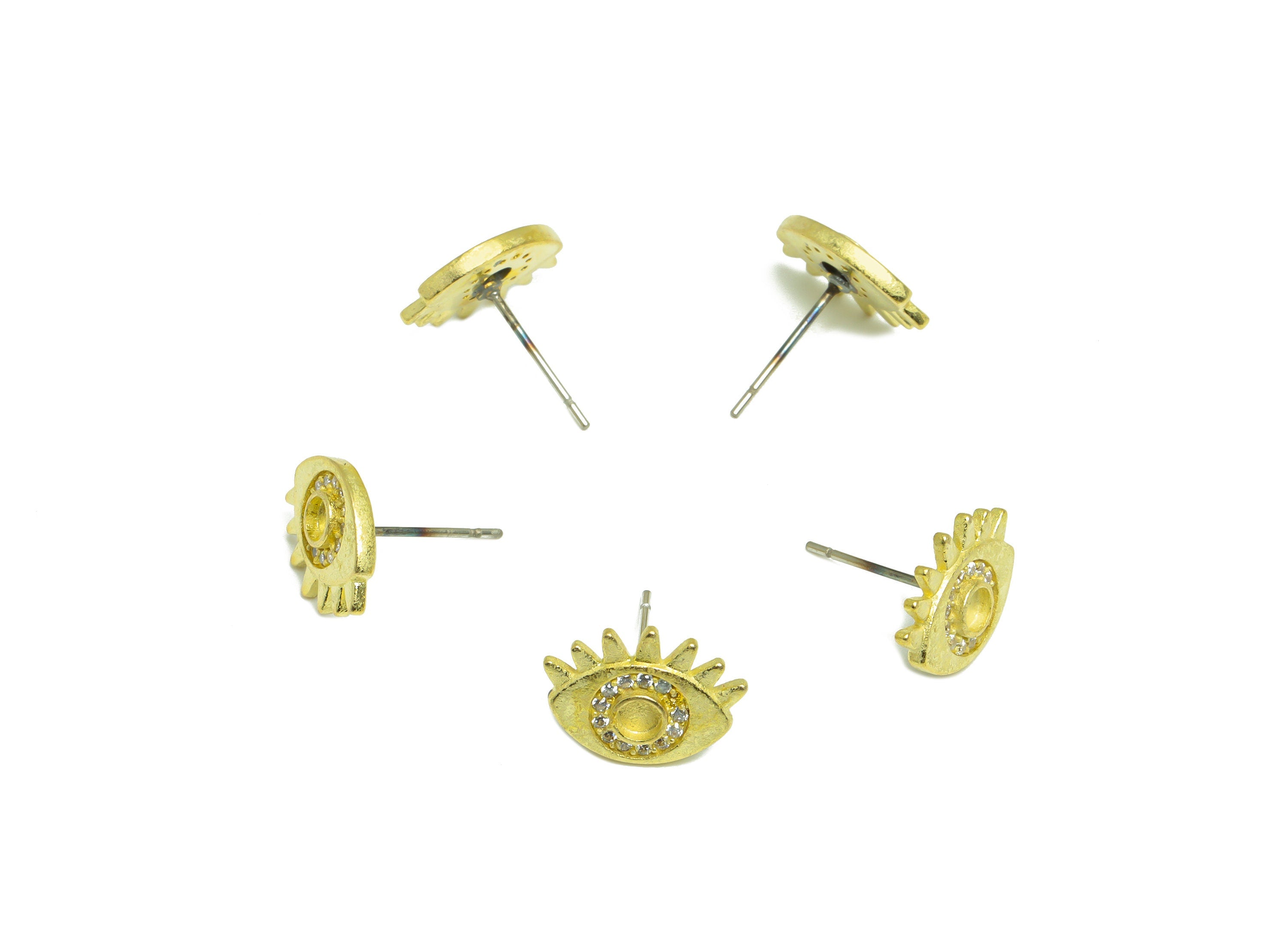 Brass CZ Eye Earring Post - Raw Brass Cubic Zircon Eye Earring Post - Brass Zircon Eyelash Earring Post - Earring Stud - 14x13x2mm - PP10338 - DOMEDBAZAAR