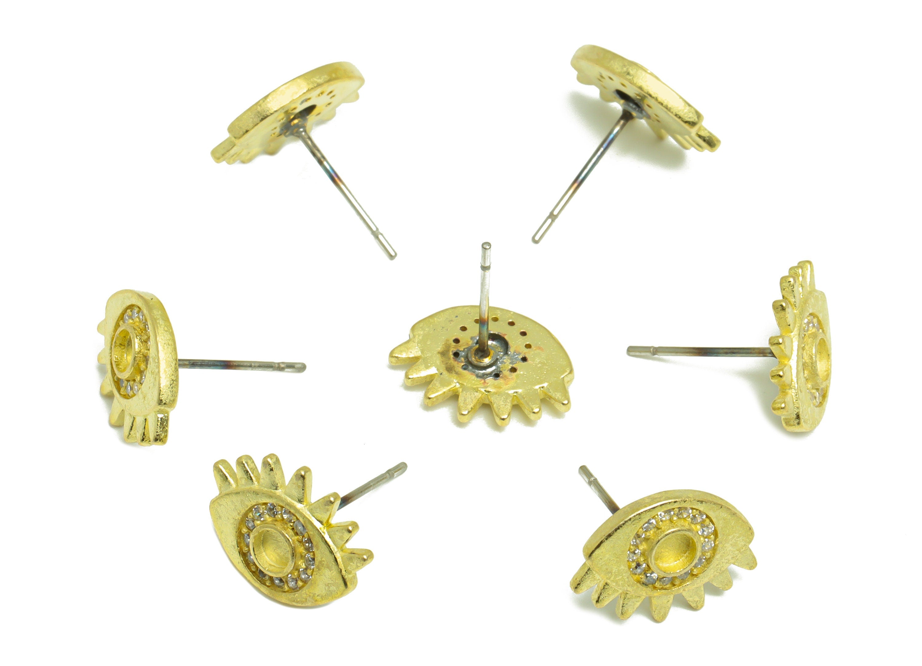 Brass CZ Eye Earring Post - Raw Brass Cubic Zircon Eye Earring Post - Brass Zircon Eyelash Earring Post - Earring Stud - 14x13x2mm - PP10338 - DOMEDBAZAAR