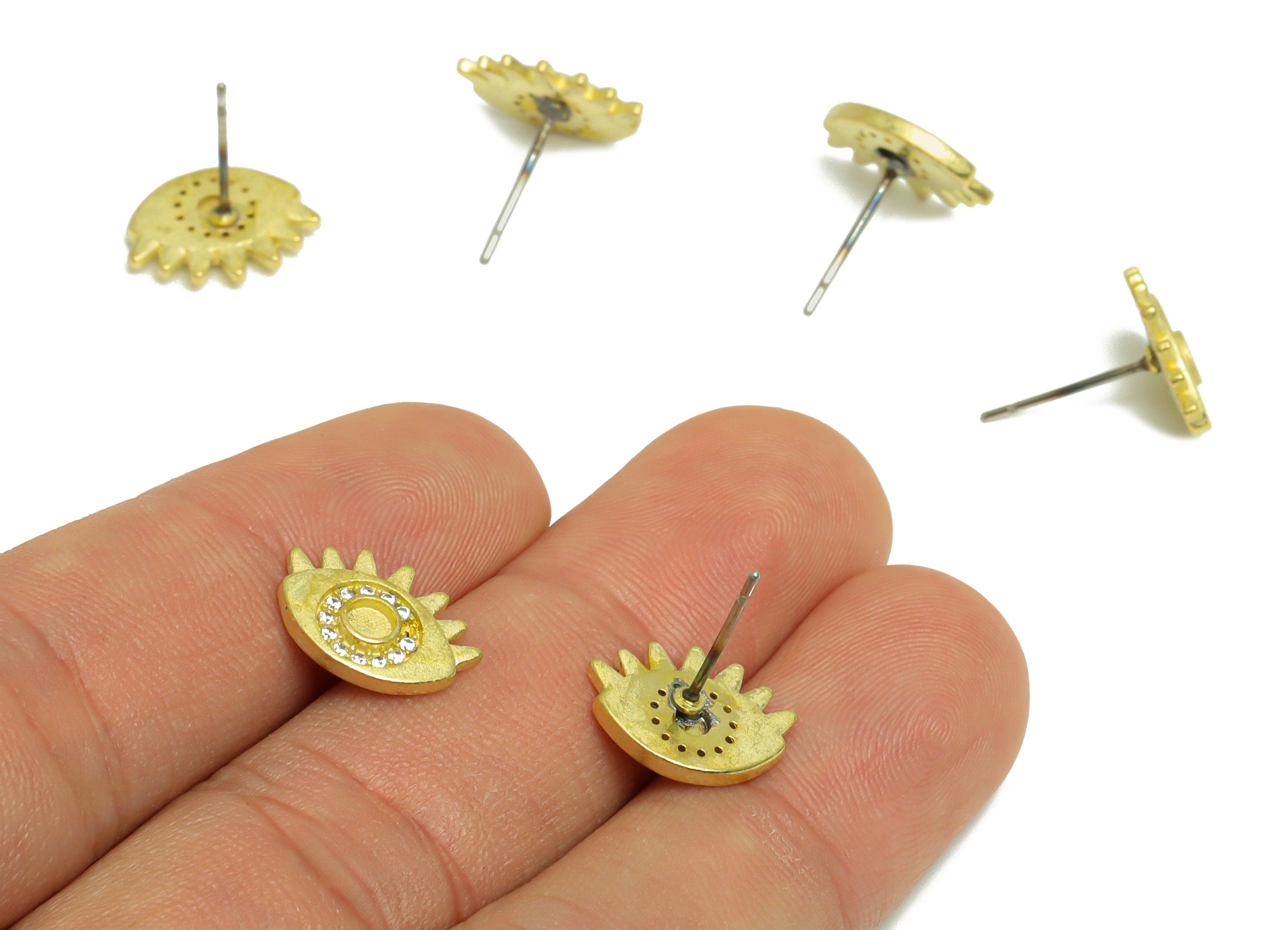 Brass CZ Eye Earring Post - Raw Brass Cubic Zircon Eye Earring Post - Brass Zircon Eyelash Earring Post - Earring Stud - 14x13x2mm - PP10338 - DOMEDBAZAAR