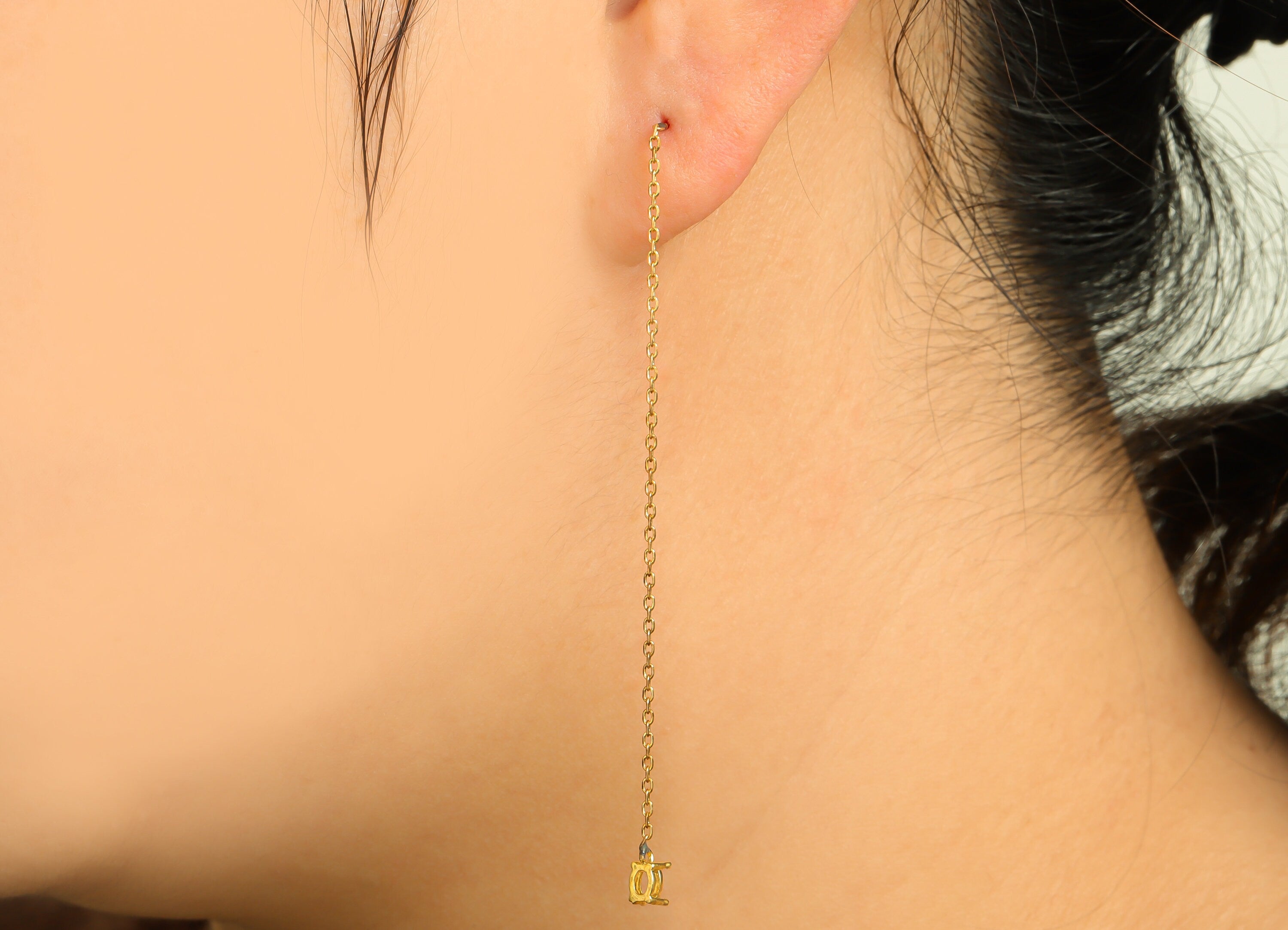 3*4 Oval CZ Setting Chain Earring Stud - Raw Brass Oval Chain Tassel - CZ Setting Chain Earring - Diamond Setting - 89x3.4x3.2mm - PP10308 - DOMEDBAZAAR