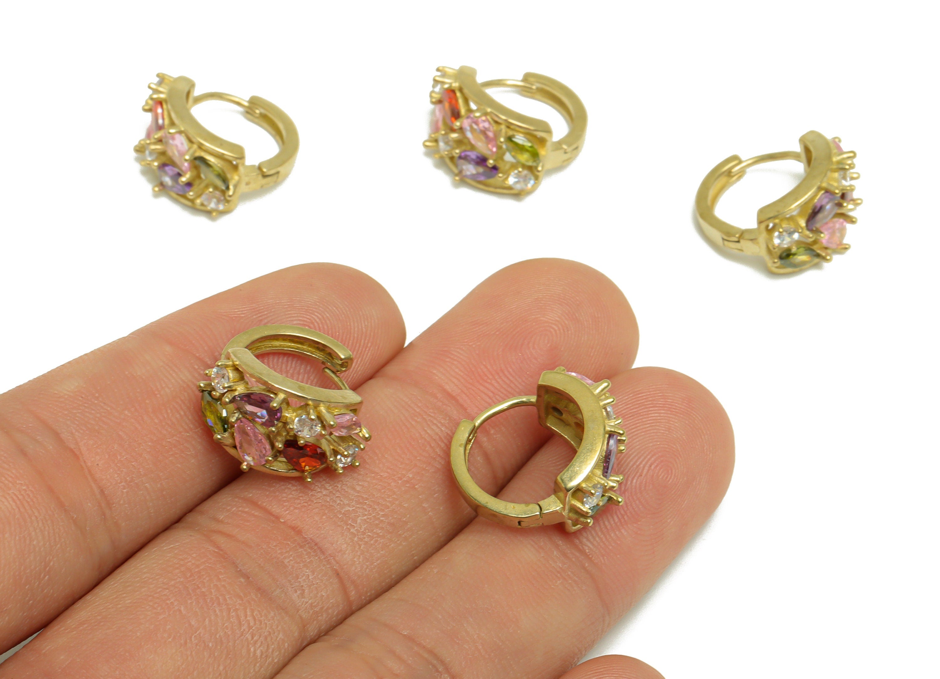 Brass CZ Round Huggie Hoop Earring - Raw Brass Cubic Zircon Hoop Huggie Earring - Brass Rainbow Huggie Hoop Earring - 17.08x16x9mm - PP10333 - DOMEDBAZAAR