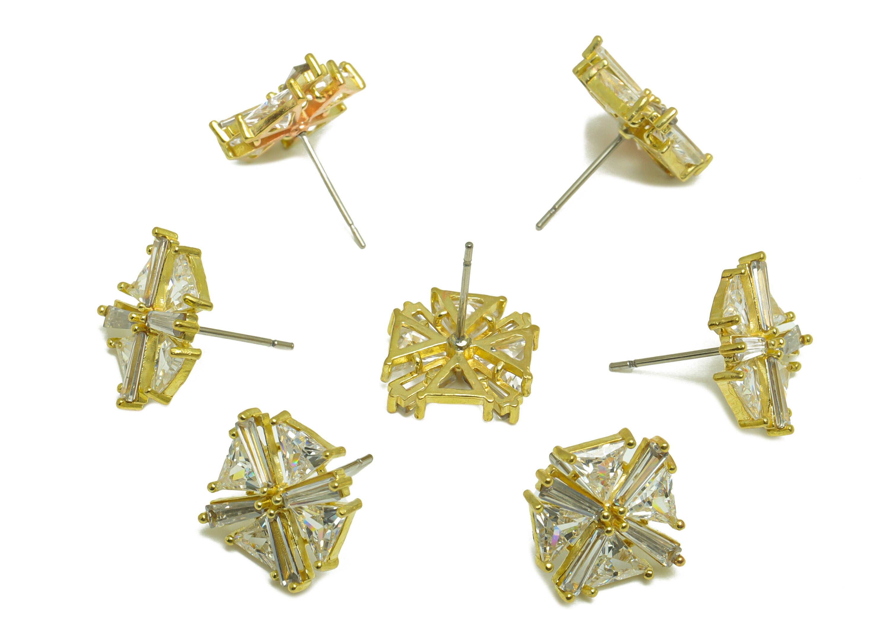 Brass CZ Geometry Earring Post - Raw Brass Cubic Zircon Trapezoid Earring Post - Brass Triangle Earring Post - 15.6x12.9x4mm - PP10089 - DOMEDBAZAAR