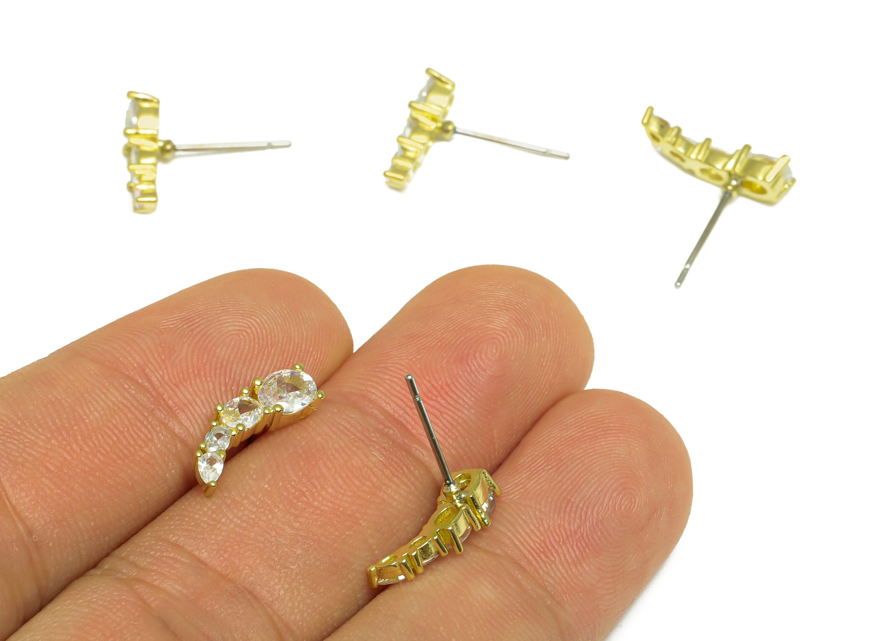 Brass CZ Oval Earring Post - Raw Brass Bent Cubic Zircon Earring Post - Brass Geometry Zircon Oval Earring Post - 16.1x5.3x3.3mm - PP10105 - DOMEDBAZAAR