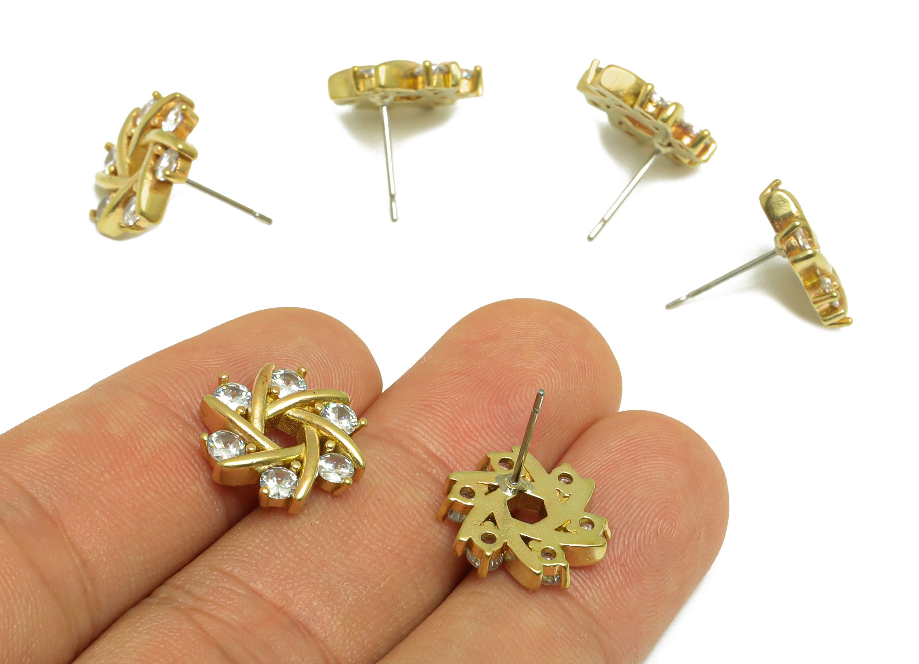 Brass CZ Flower Earring Post - Raw Brass Rotate Cubic Zircon Earring Post - Brass Flower Zircon Earring Post - 14.9x14.8x3.2mm - PP10075 - DOMEDBAZAAR