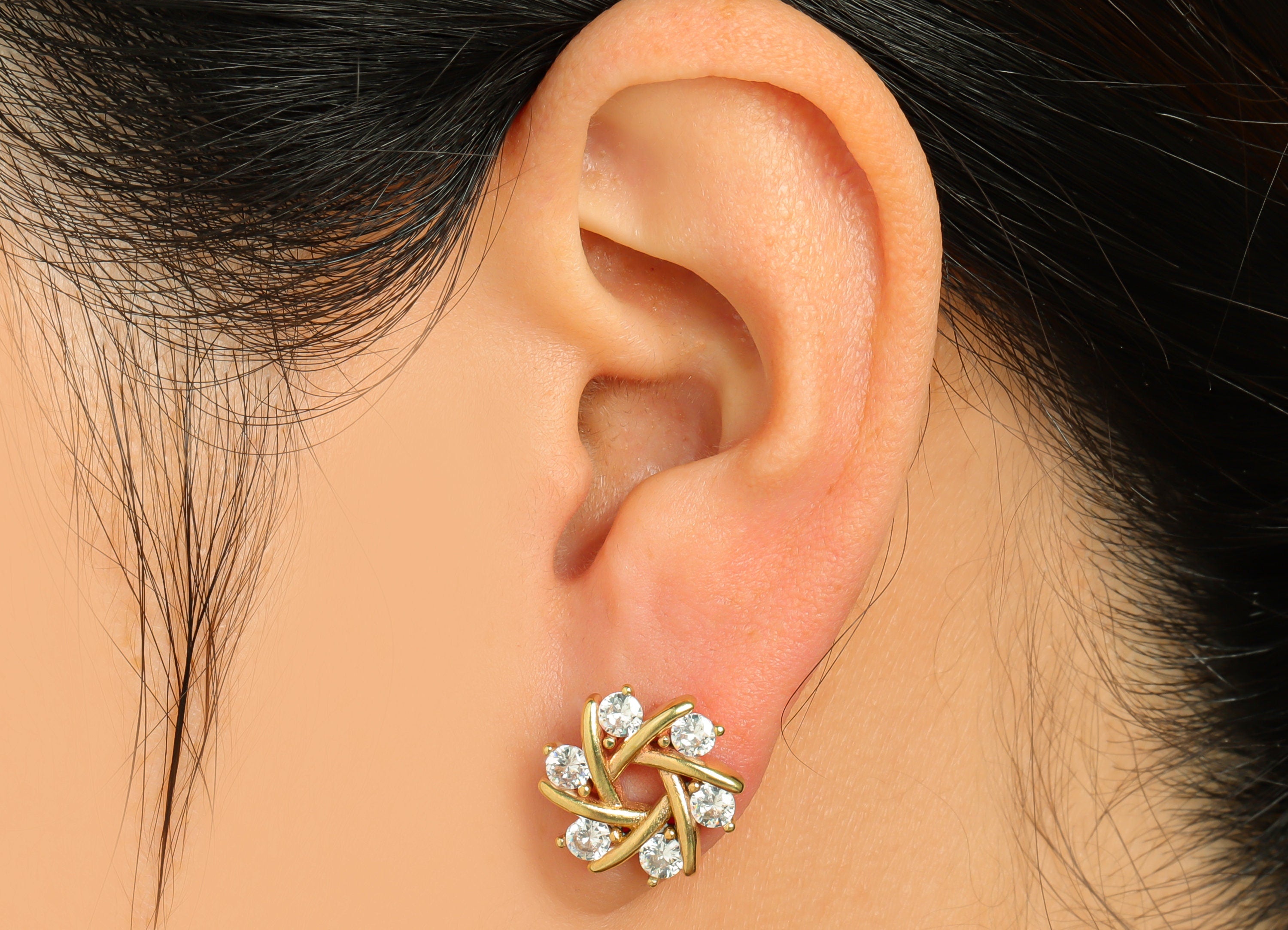 Brass CZ Flower Earring Post - Raw Brass Rotate Cubic Zircon Earring Post - Brass Flower Zircon Earring Post - 14.9x14.8x3.2mm - PP10075 - DOMEDBAZAAR