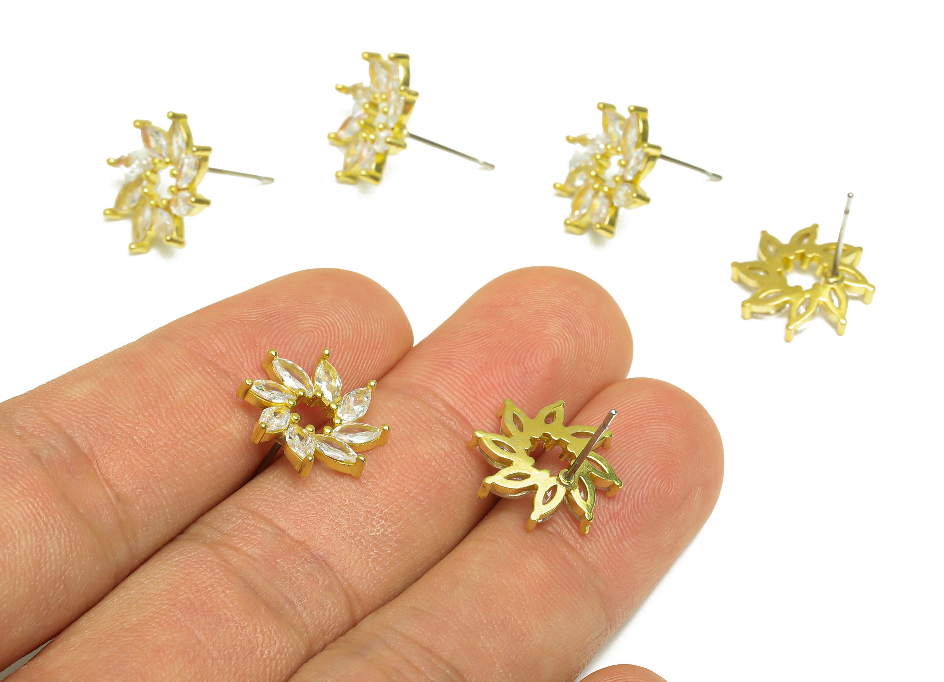 Brass CZ Windmill Earring Post - Raw Brass Marquise Cubic Zircon Earring Post - Brass Flower Zircon Earring Post - 15x14.5x3.08mm - PP10101 - DOMEDBAZAAR