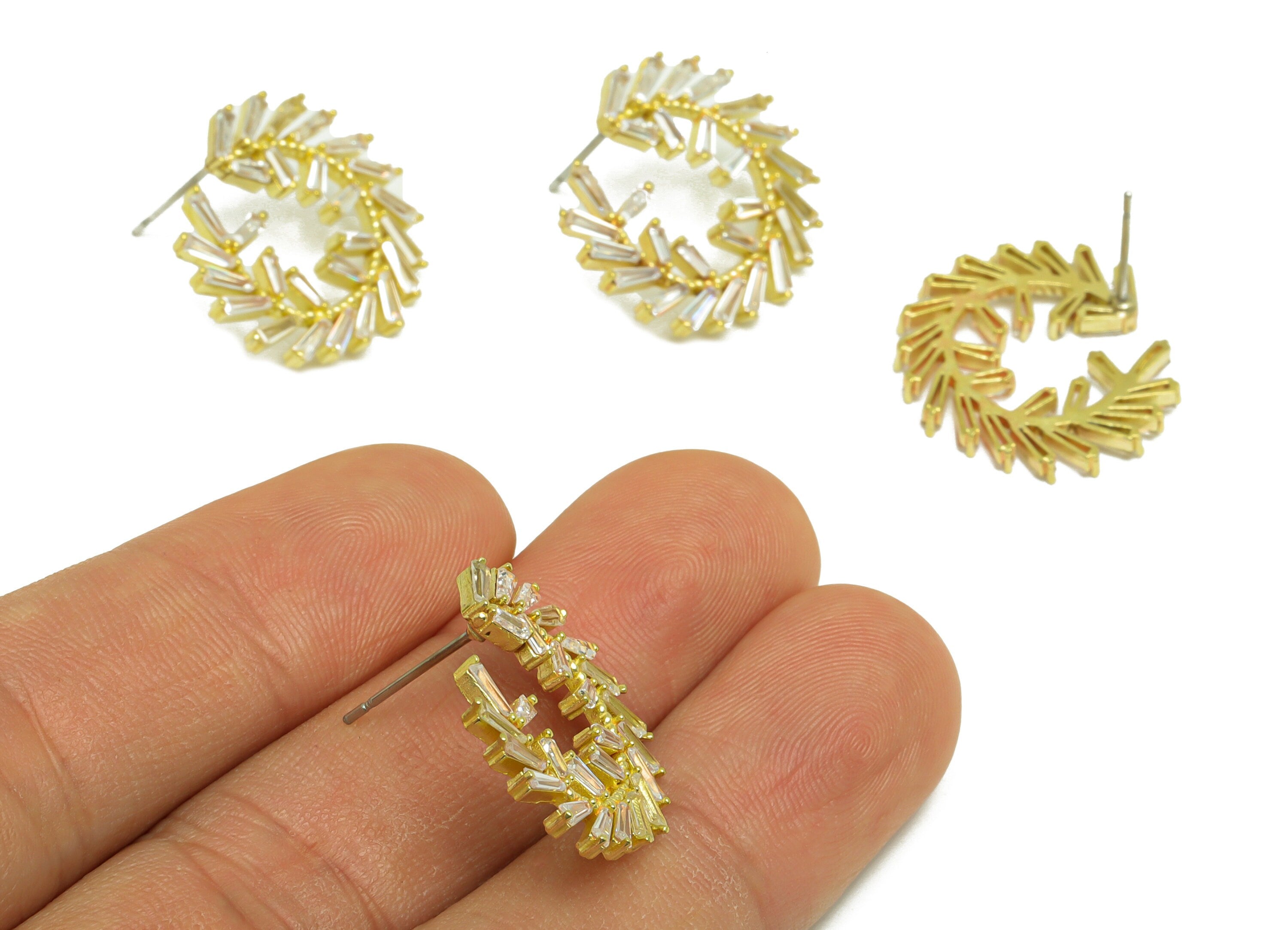 Brass CZ C Hoop Earring Post - Raw Brass Trapezoid Hoop Cubic Zircon Earring Post - Brass Branch Zircon Earring Post - 22x19x2mm - PP10108 - DOMEDBAZAAR