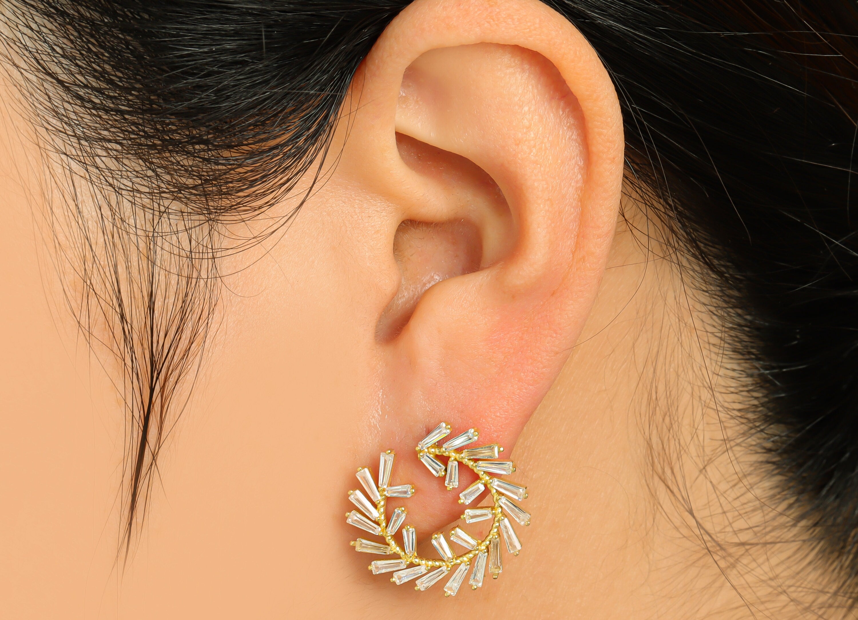 Brass CZ C Hoop Earring Post - Raw Brass Trapezoid Hoop Cubic Zircon Earring Post - Brass Branch Zircon Earring Post - 22x19x2mm - PP10108 - DOMEDBAZAAR
