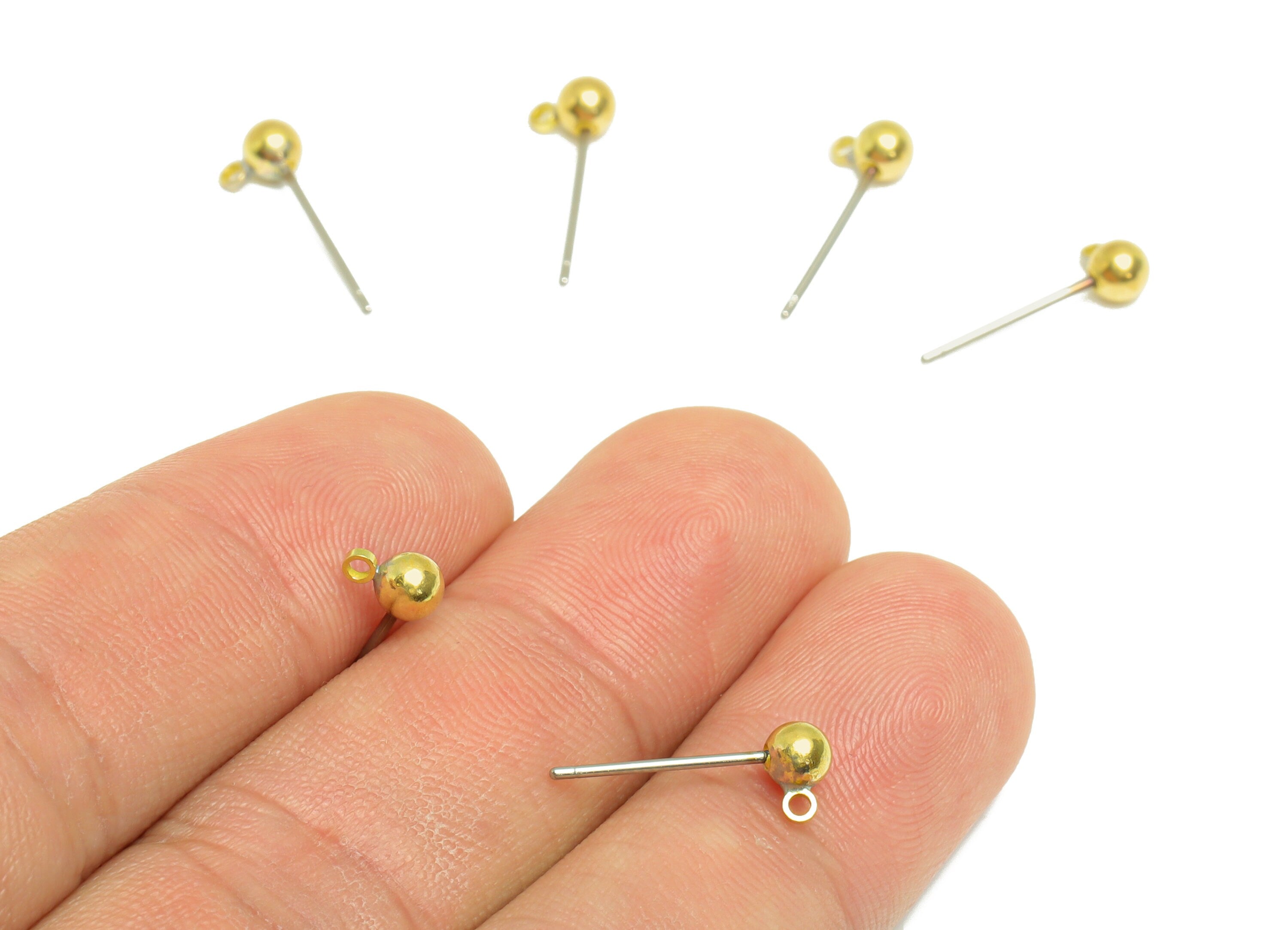 4mm Ball Stud Earrings With Loop - Brass Ball Pad Stud - Brass Bead Earring Post- Earring Charms - Jewelry Supplies - 16.5x6x4mm - PP9977-4 - DOMEDBAZAAR