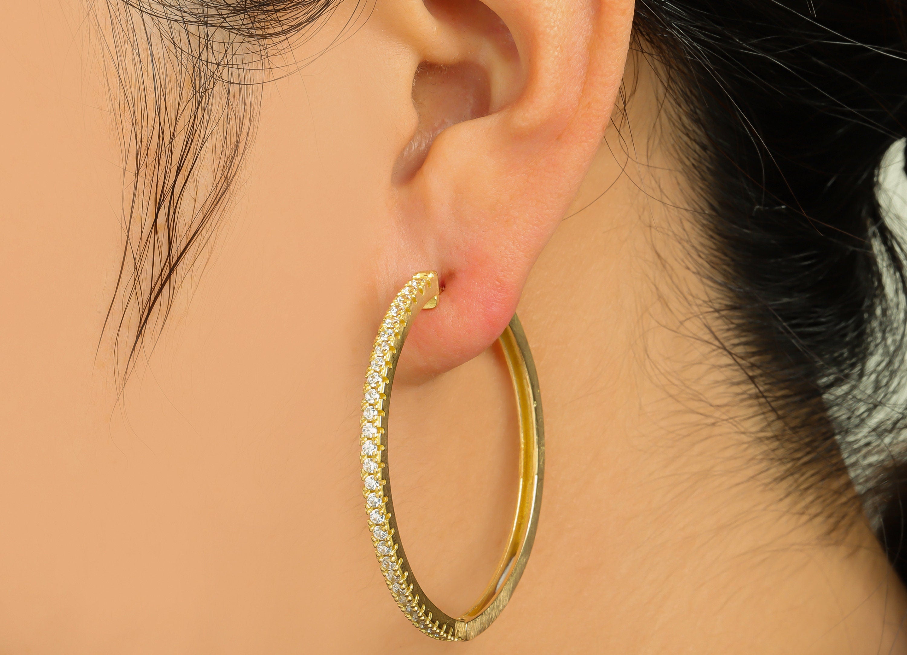 Brass CZ Huggie Hoop Earring - Brass Hoop Cubic Zircon Earring - Large Huggie Earring - Zircon Huggie Hoop Clasp - 45x44x3mm - PP9999 - DOMEDBAZAAR