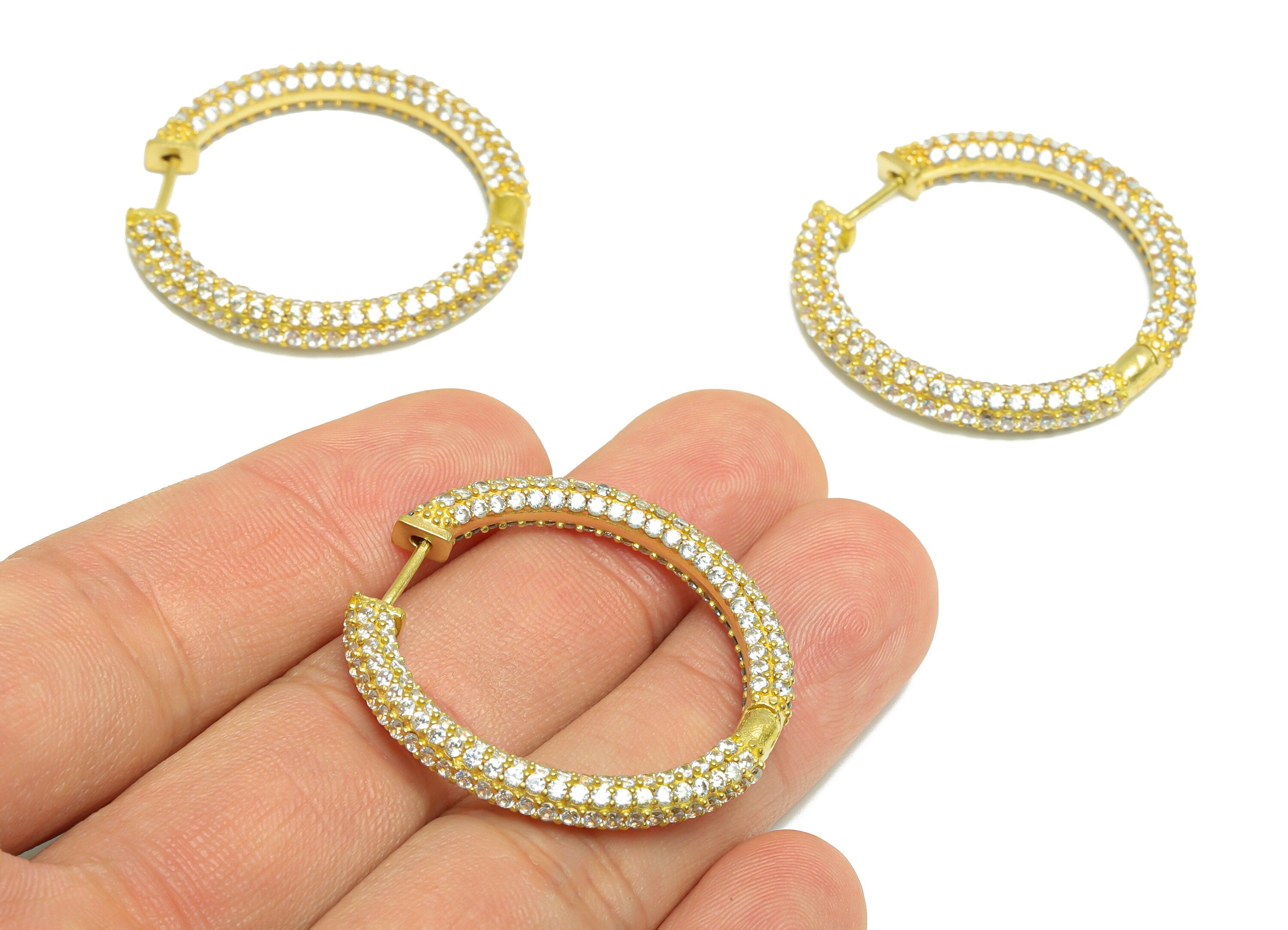 Brass CZ Huggie Hoop Earring - Brass Hoop Cubic Zircon Earring - Huggie Earring - Zircon Huggie Hoop Clasp - 34x35x4.06mm - PP10003 - DOMEDBAZAAR