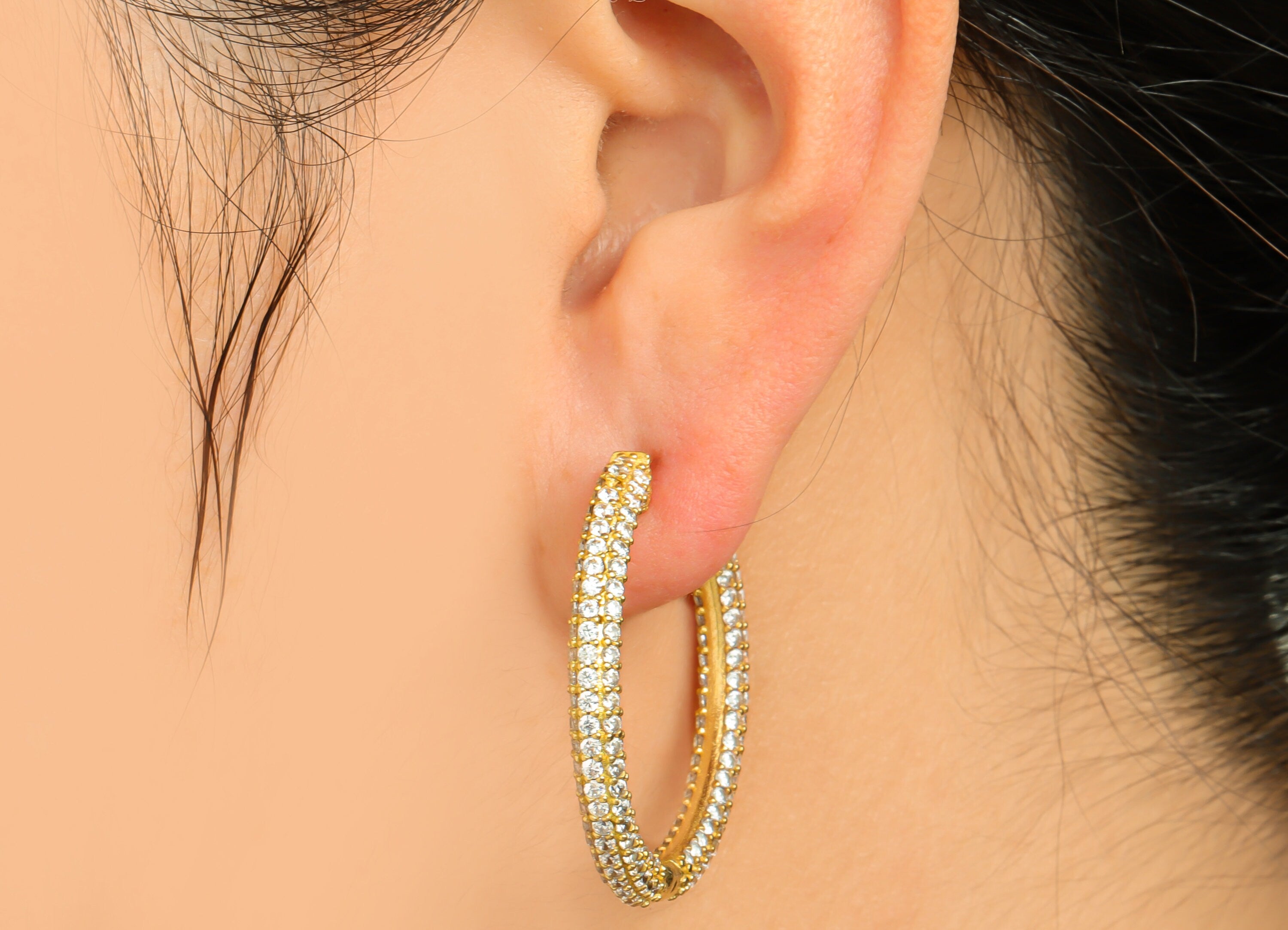 Brass CZ Huggie Hoop Earring - Brass Hoop Cubic Zircon Earring - Huggie Earring - Zircon Huggie Hoop Clasp - 34x35x4.06mm - PP10003 - DOMEDBAZAAR