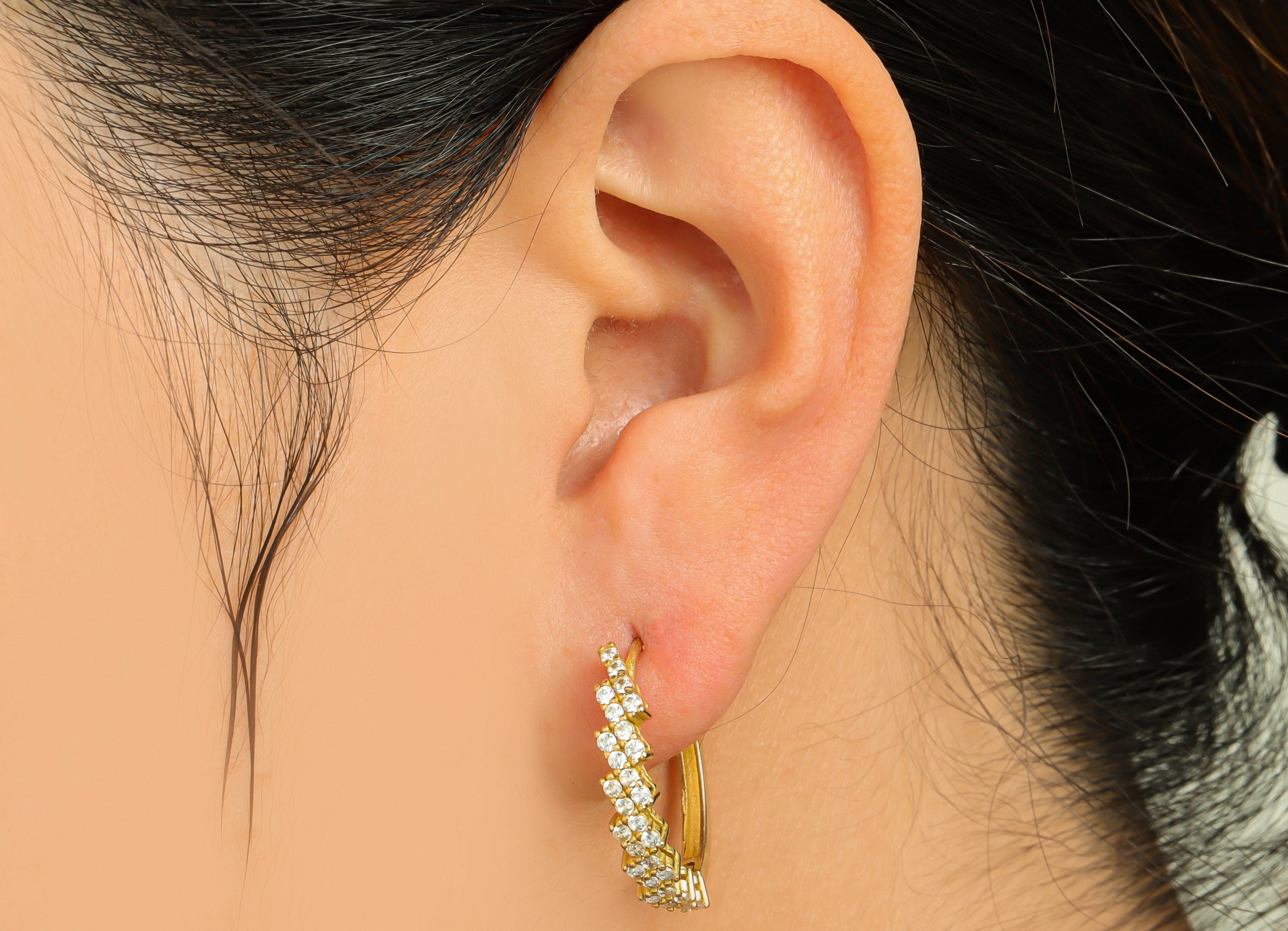Brass CZ Huggie Hoop Earring - Brass Hoop Cube Zircon Earring - Brass Huggie Earring - Zircon Huggie Hoop Clasp - 24x23x4.4mm - PP10002 - DOMEDBAZAAR