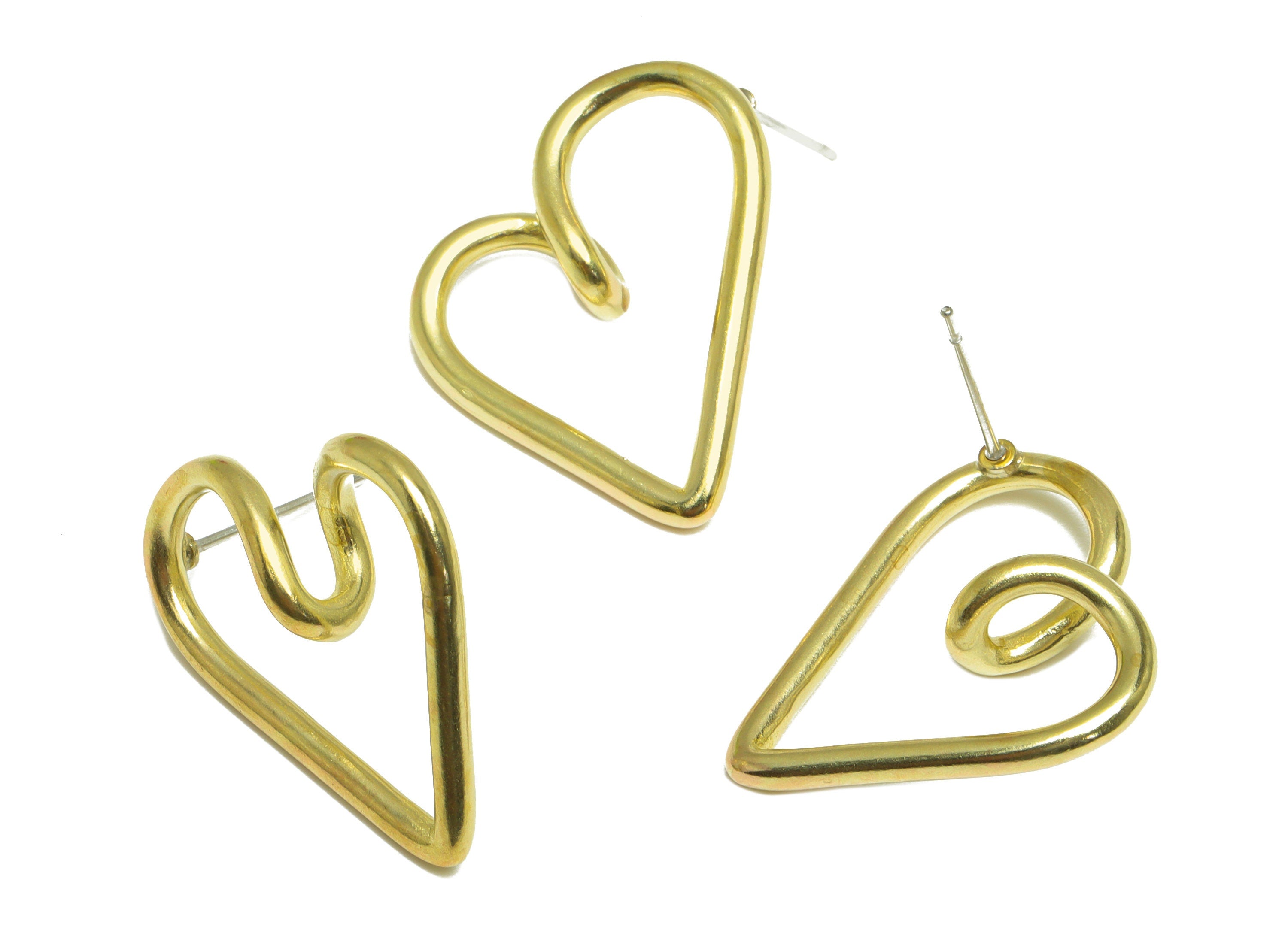 Brass Heart Wire Earring Post - Raw Brass Heart Earring Post - Brass Curved Heart Earring Post - Brass Heart Steel Stud - 25x22x7mm- PP10058 - DOMEDBAZAAR